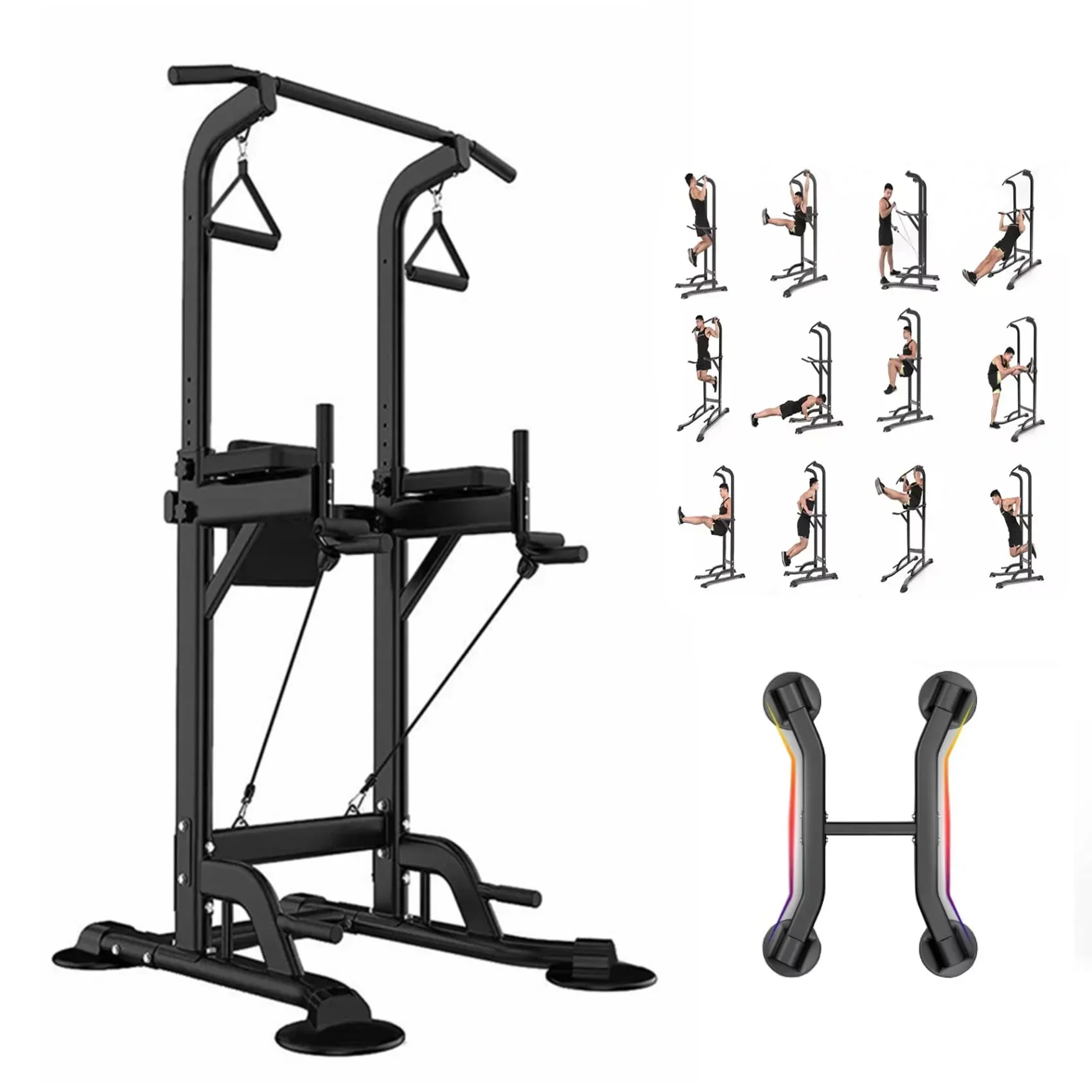 Power Tower Dip Station, Pull Up Bar Stand Power Rack with Backrest and Resistance Band, Height Adjustable Strength Training Equipment for Fitness Home Workout, Black
