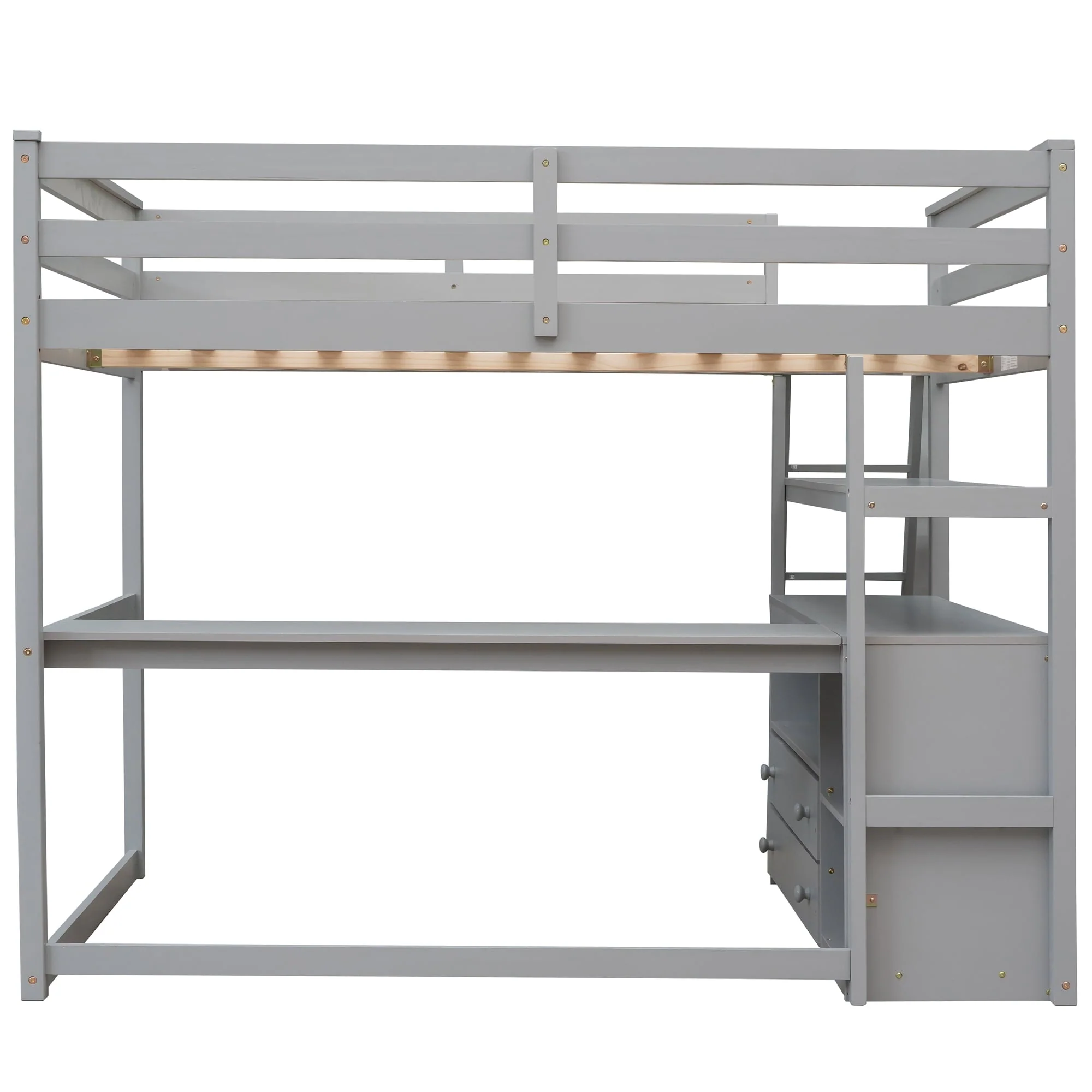 Euroco Full Size Wood Loft Bed with Desk, Shelves and Cabinets for Kids Room, Incline Ladder and 3 Drawers, Gray Image 6
