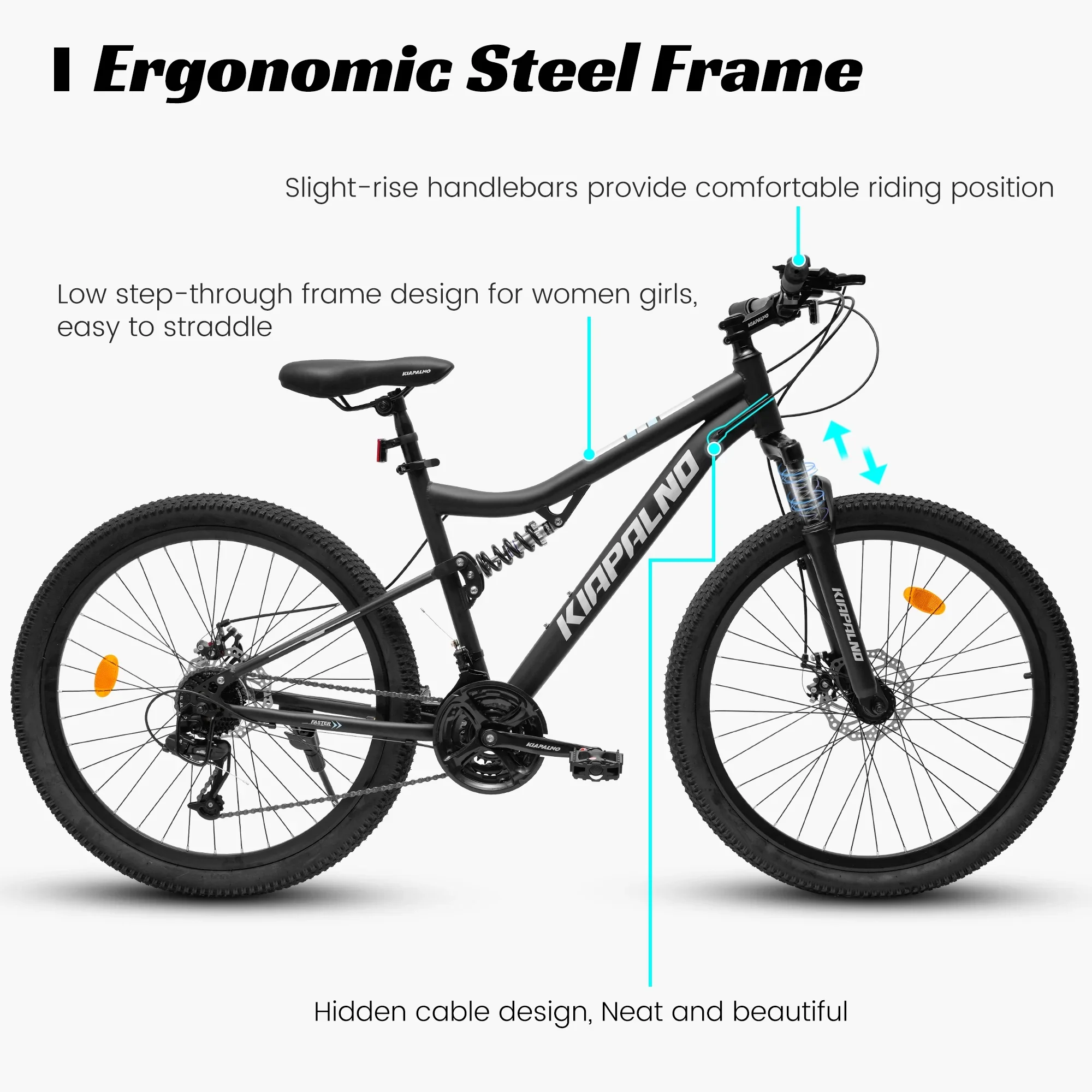 26 Inch Mountain Bike Dual Full Suspension, Shimano 21-Speed Mountain Bicycle with Dual Disc Brakes and Carbon Steel Frame, Trail Beach Snow Commuter City Bike for Adult Men Women, Black