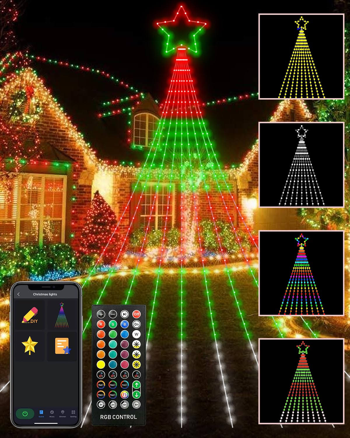 Avatar Controls 21ft Outdoor Christmas Decorations Star String Lights, Smart RGB LED Tree Lights Waterfall DIY Preset Scenes App Remote Contr