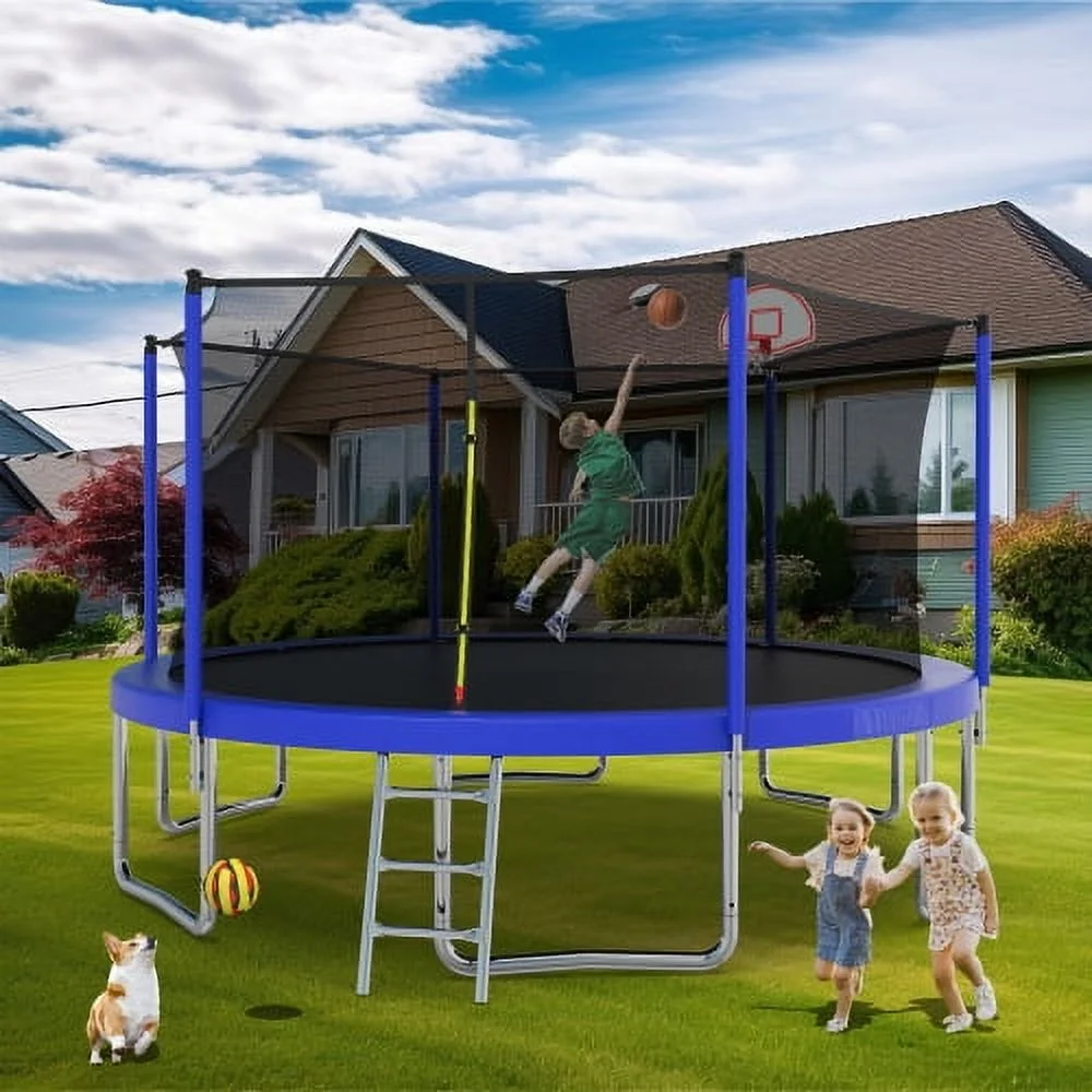14FT Trampoline for Kids and Adults,Outdoor Large Recreational Trampoline with Ladder and Basketball Hoop,Blue - Image 9