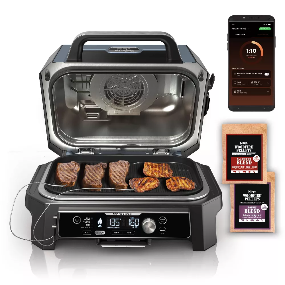 Ninja OG951 Woodfire Proconnect Premium XL Outdoor 7 - in - 1 Grill & Smoker, App Enabled, Air Fryer, 2 Built - in Thermometers - Blue