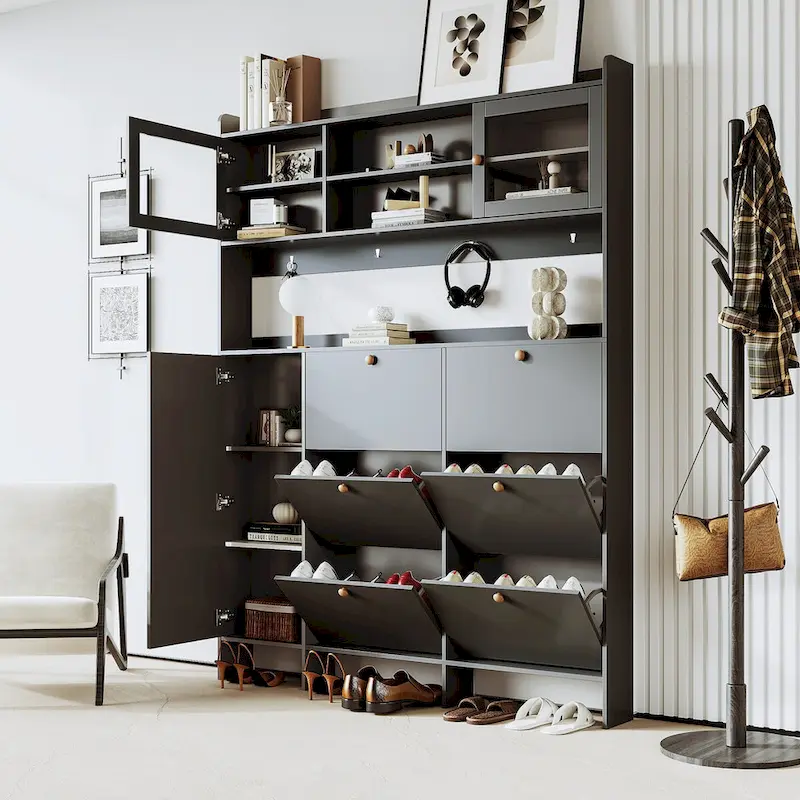 Elegant Hall Tree Shoe Cabinet with Storage Shelf, 6 Flip Drawers, Tempered Glass Doors, and 4 Hooks