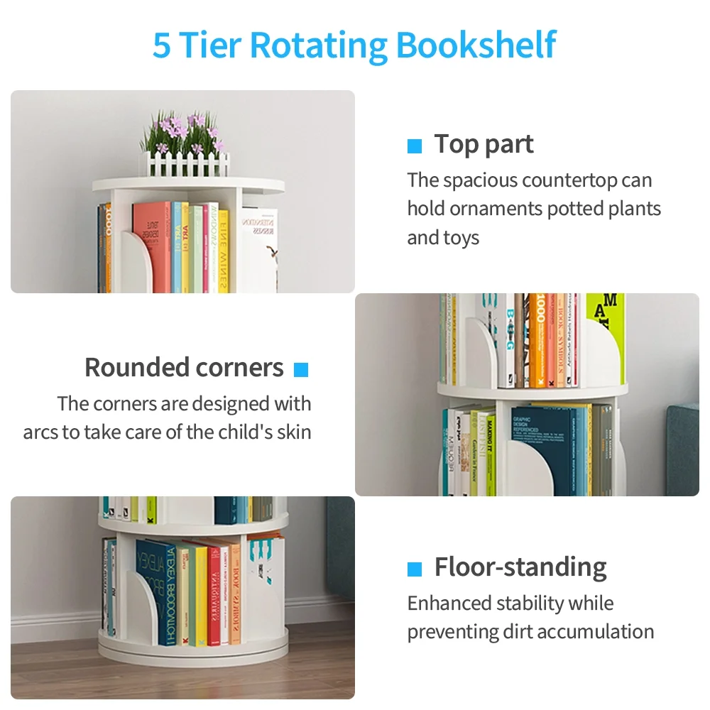 5 Tier Rotating Bookshelf, 360?�� Revolving Bookcase 20 Shelves Floor-Standing Storage Display Rack White 63"x18"x18", Adult(White) - Image 7