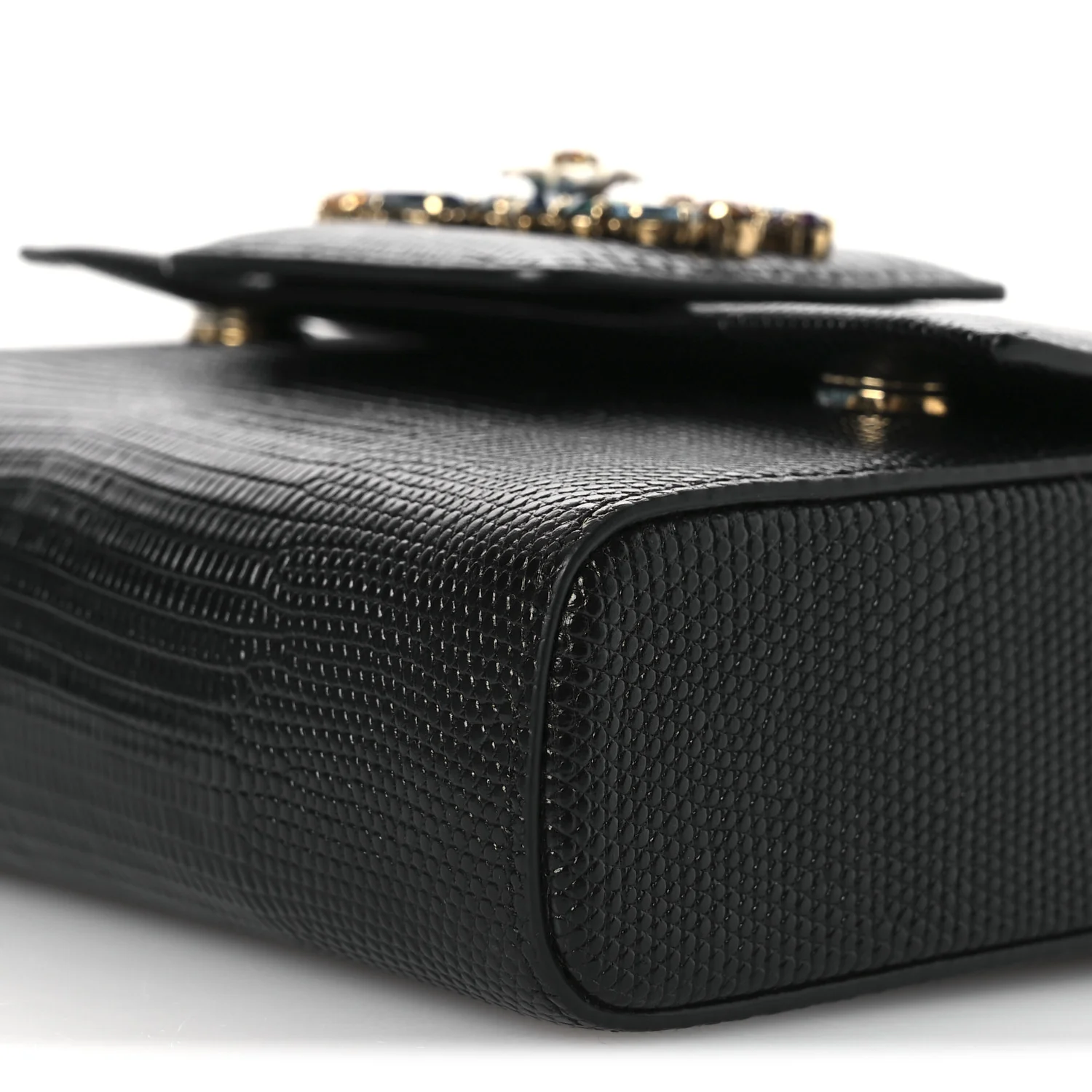 Lizard Embossed Crystal Embellished DG Millennials Mini Crossbody Bag Black