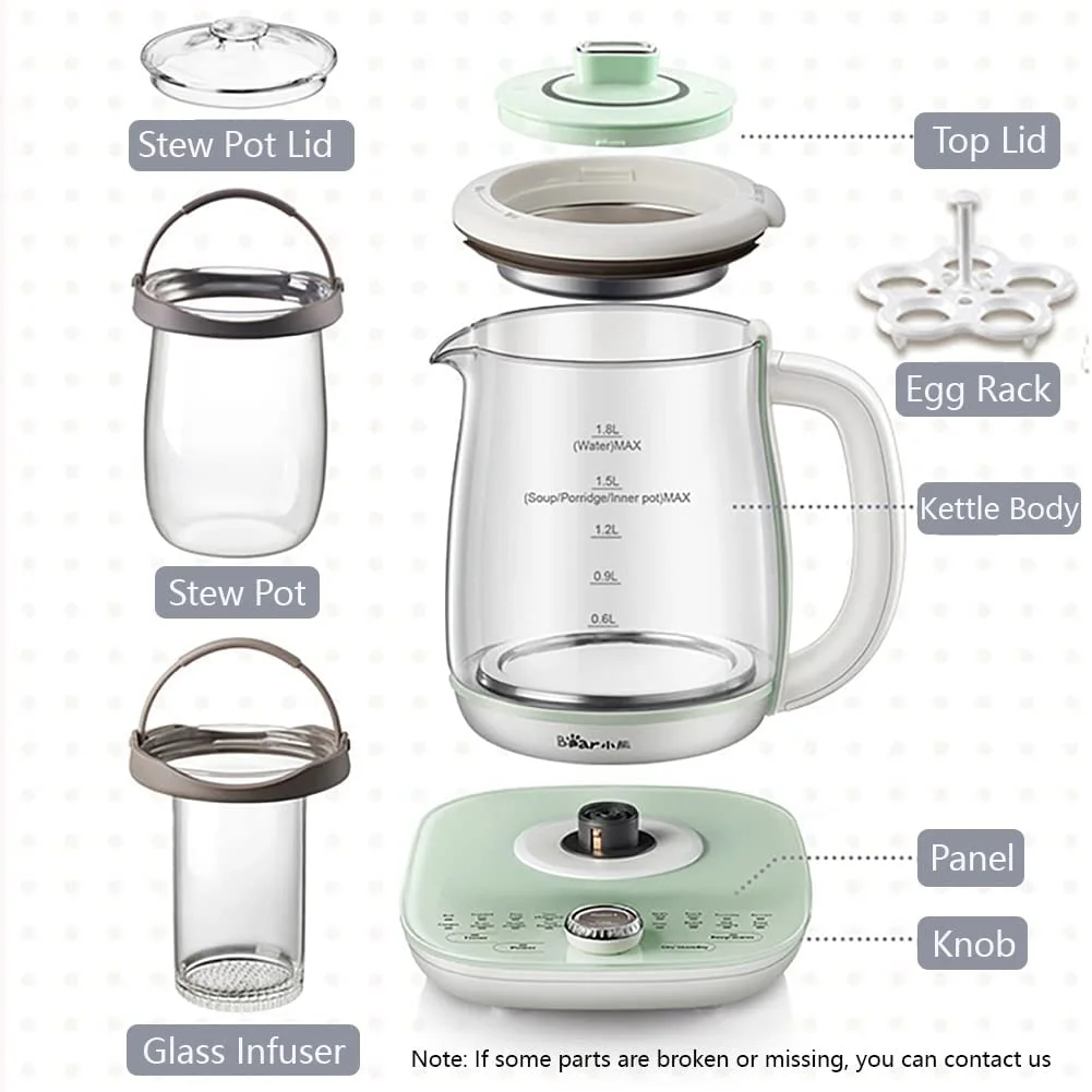 Bear YSH - C18S2 Health Pot, Electric Kettle Tea Maker with Infuser, Glass Kettle & Stew Pot, 16 Menus 1.8 L 120V, Green