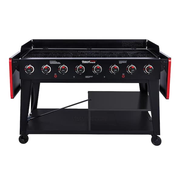 8-Burner Event Propane Gas Grill with 2 Folding Side Tables in Black