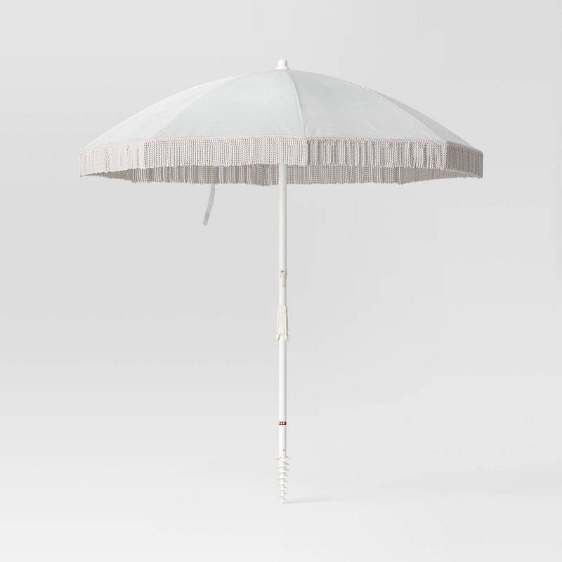 6.5'x6.5' Round Outdoor Patio Beach Umbrella with Fringe Ivory - Threshold
