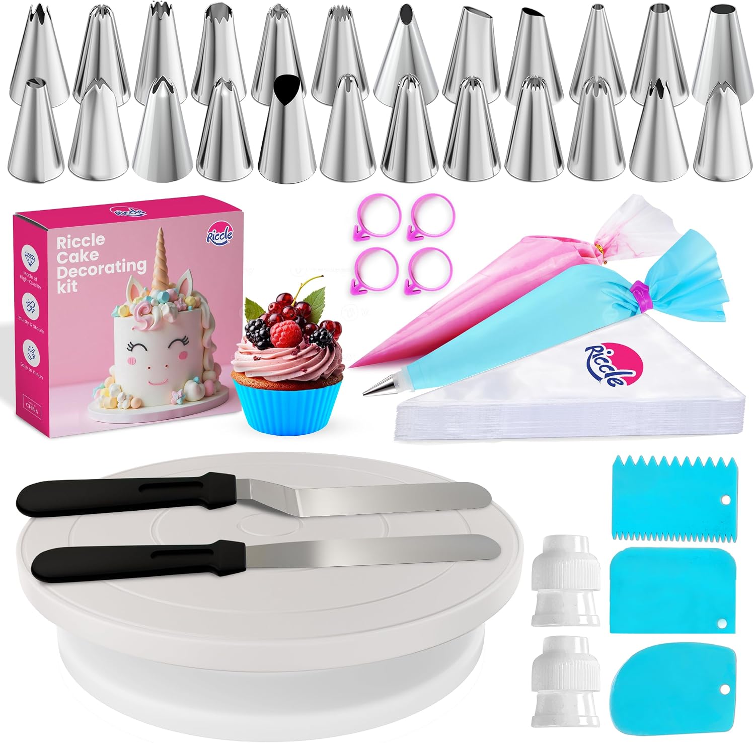 Riccle 94 pcs Cake Decorating Kit with Cake Turntable - Includes 50 pcs 16 Inch Disposable + 2 Reusable Piping Bags and Tips Set, 24 Icing Piping Tips, 2 Spatulas, 3 Icing Comb Scrapers, 6 Cake Liners