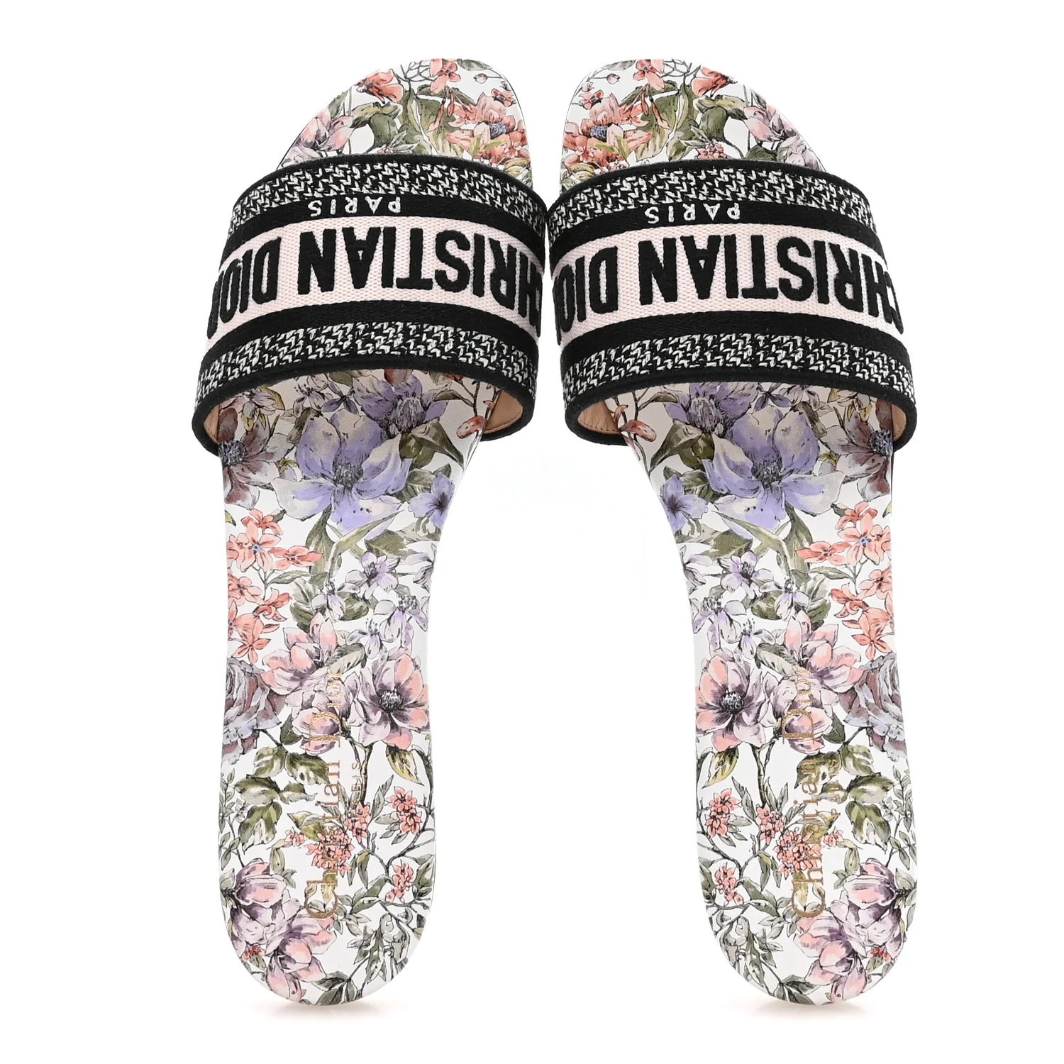 Canvas Embroidered D-Floral Dway Mules Slide Sandals 39.5 Off White Multicolor