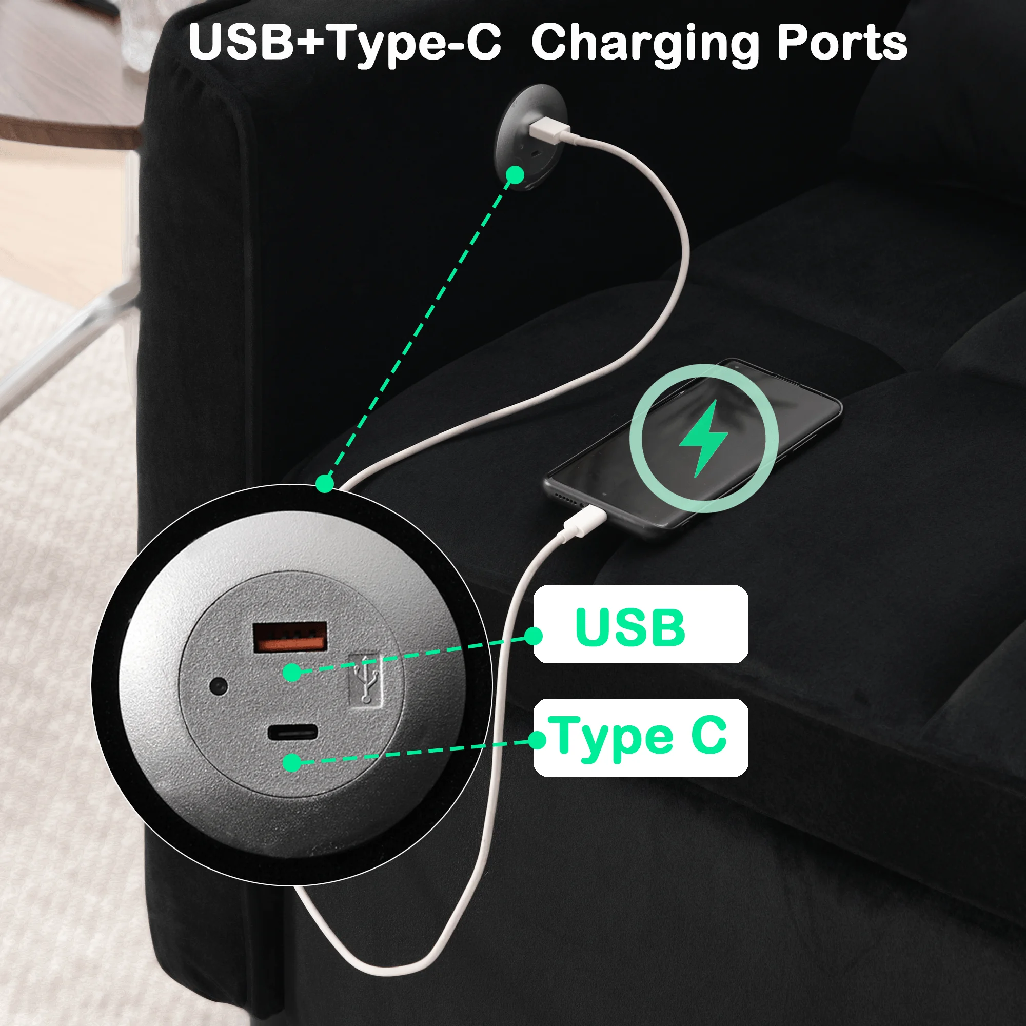 3-in-1 Convertible Sofa Bed �C USB Charging, Adjustable Backrest Pull-Out Couch Loveseat Sleeper for Living Room, Apartment Small Space,Black(Black-USB Charging Port) - Image 6