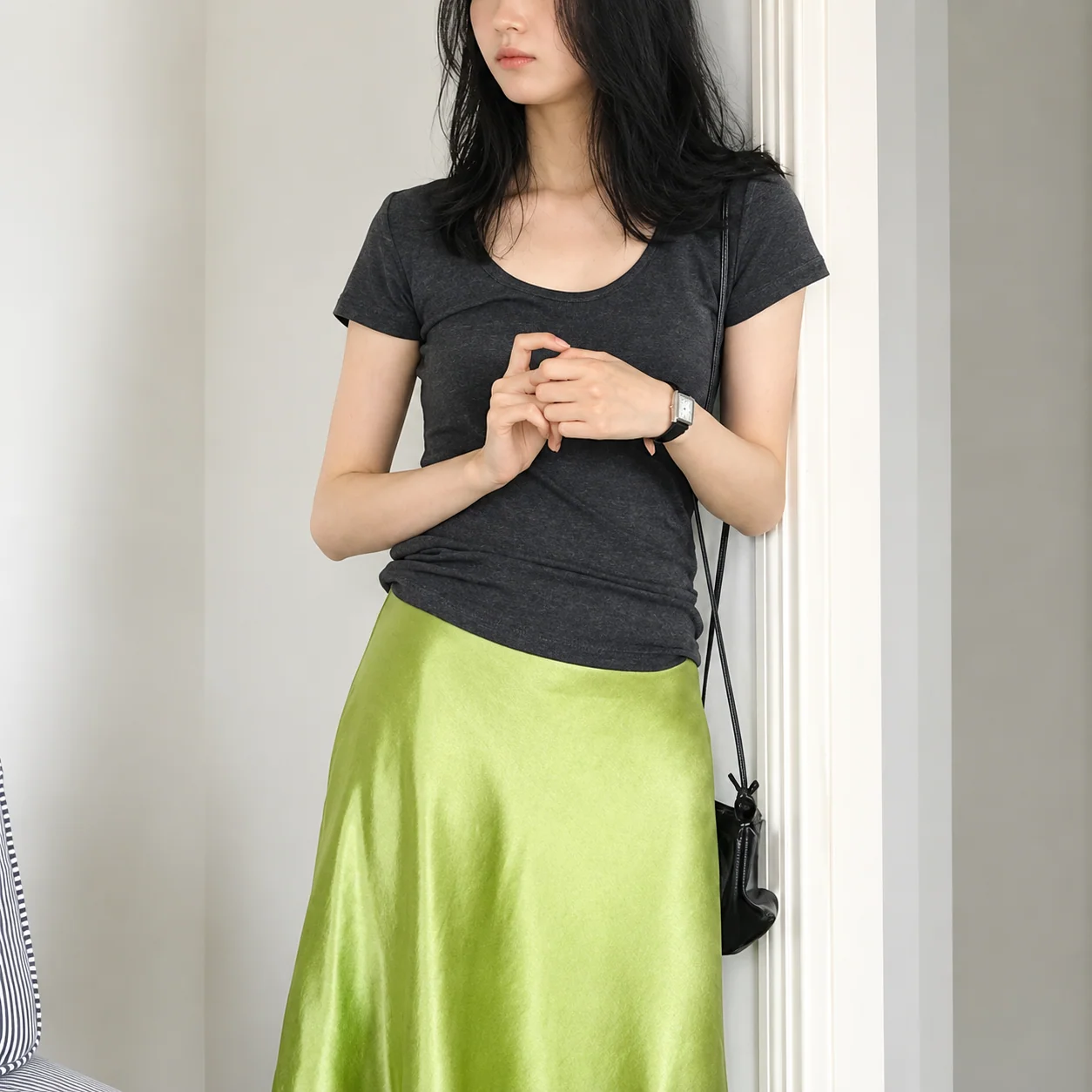 LONGÉ Women's Acetate Satin Flared Mini Skirt - Green