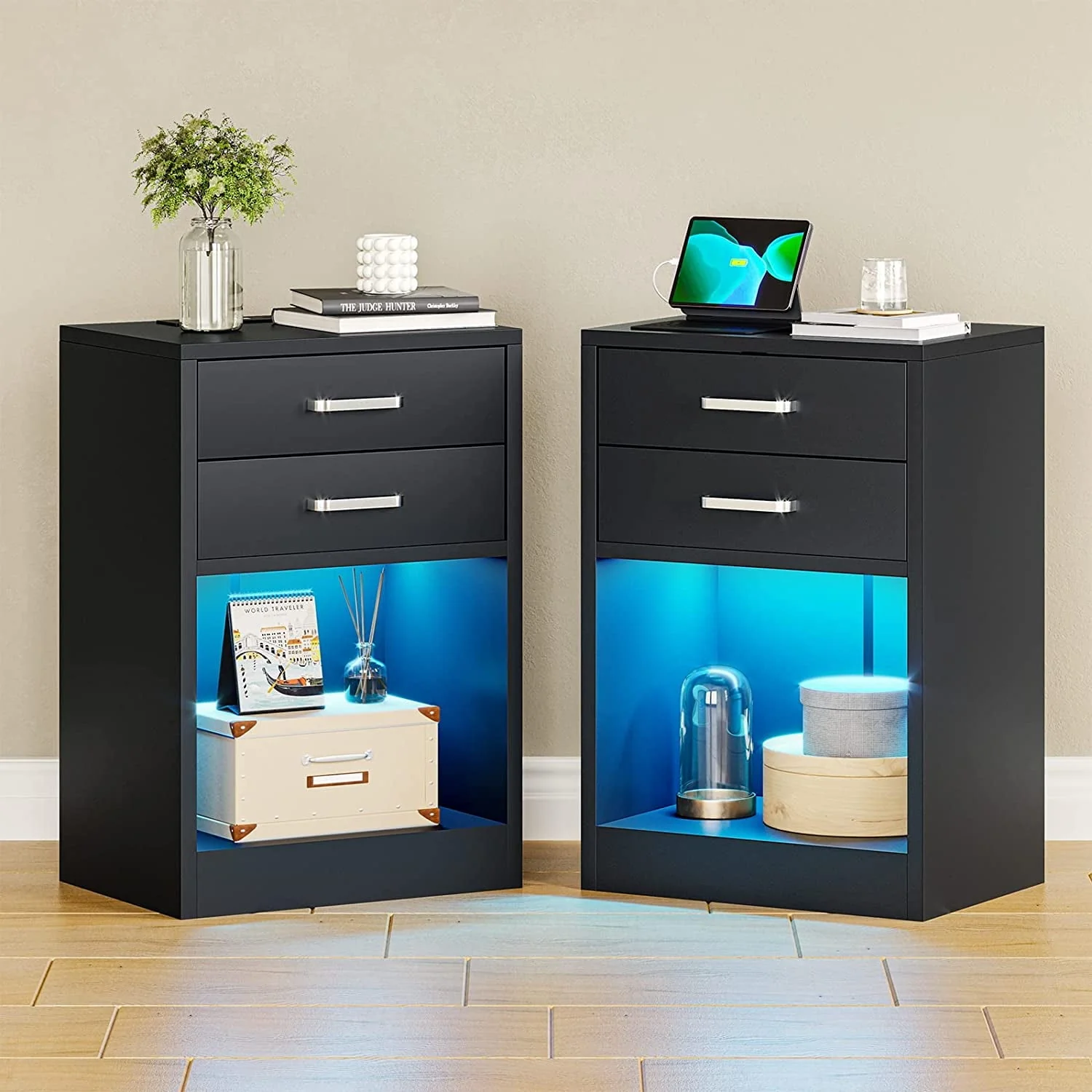 Set of 2 LED Nightstands with Charging Station, Modern Bedside Table with 2 Drawers, Black(Black)