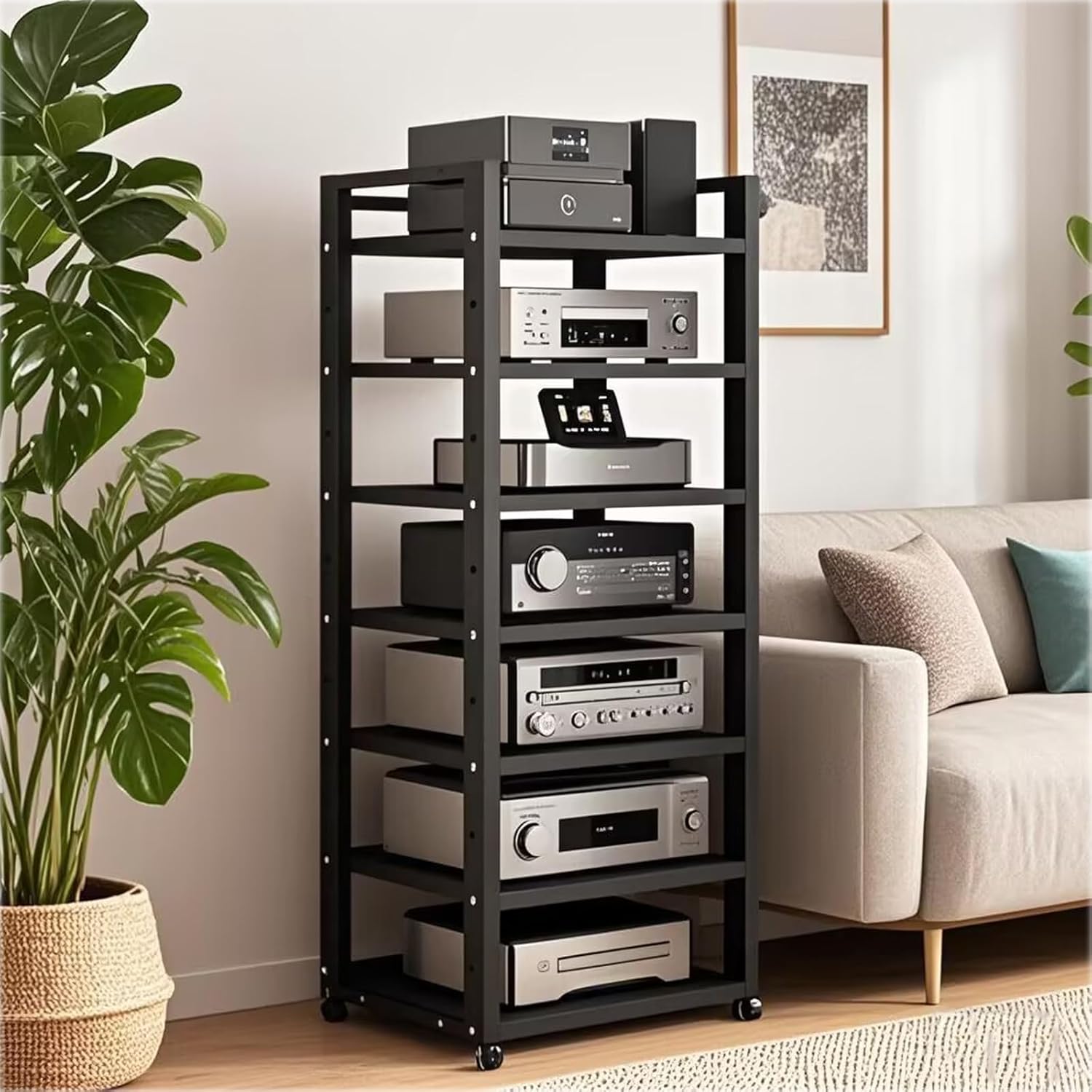 7 Tier Audio Rack Tower  CD Record Player Stereo Receiver AV Equipment Cabinet Display Rack  Weight Capacity 661 lbs  with Adjustable Wooden Shelves for Home (7 Tier Black)