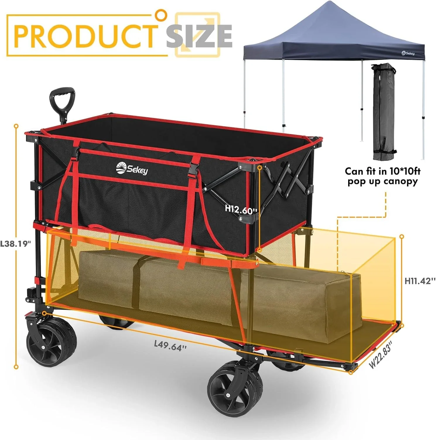 Chariot pliant à deux étages grande capacité 400 L avec freins et rallonge extra longue de 50 pouces