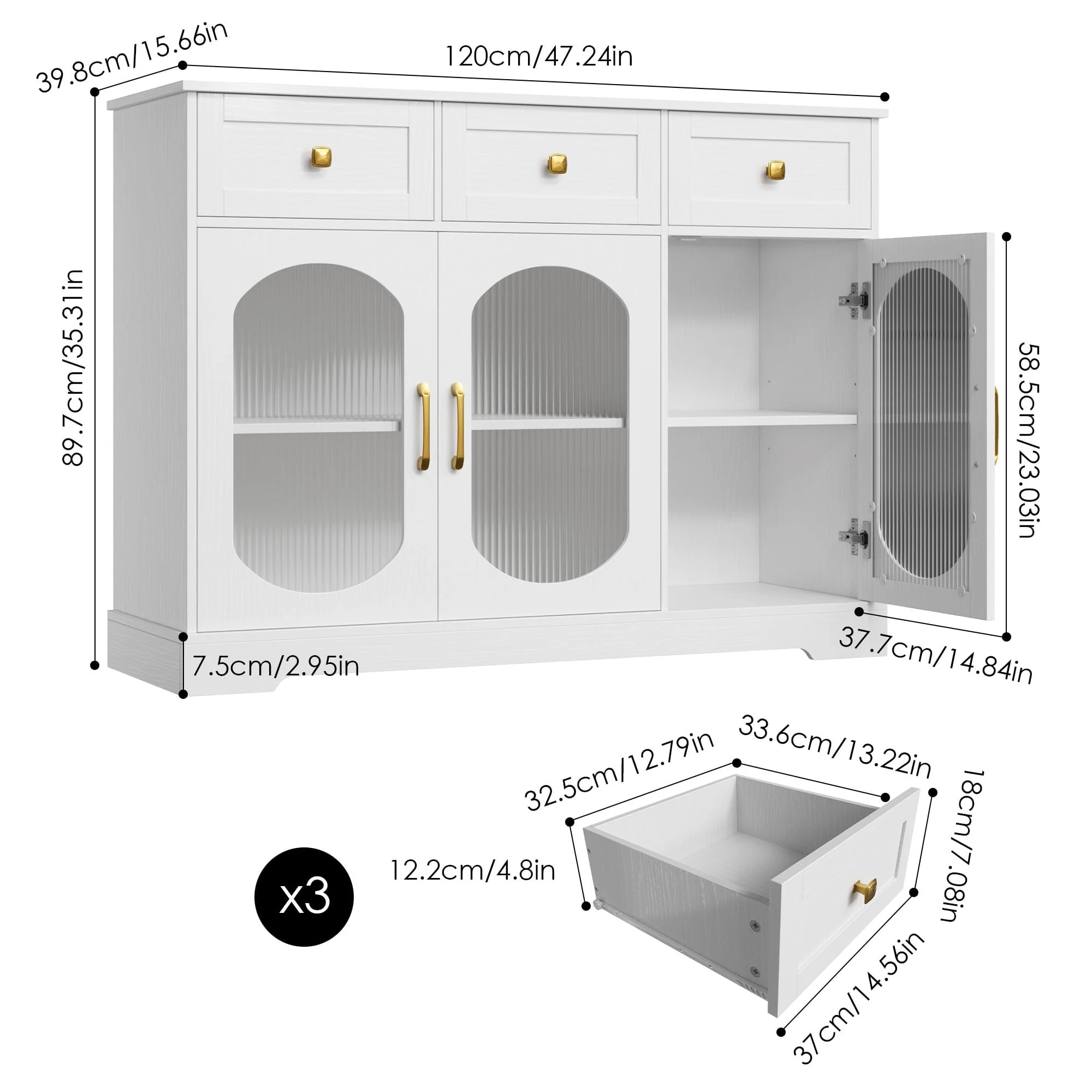 Homfa 3 Drawer Buffet Cabinet with 3 Curved Glass Doors, 47 2''W Kitchen Sideboard with Adjustable Shelf, White(Black) Image 2
