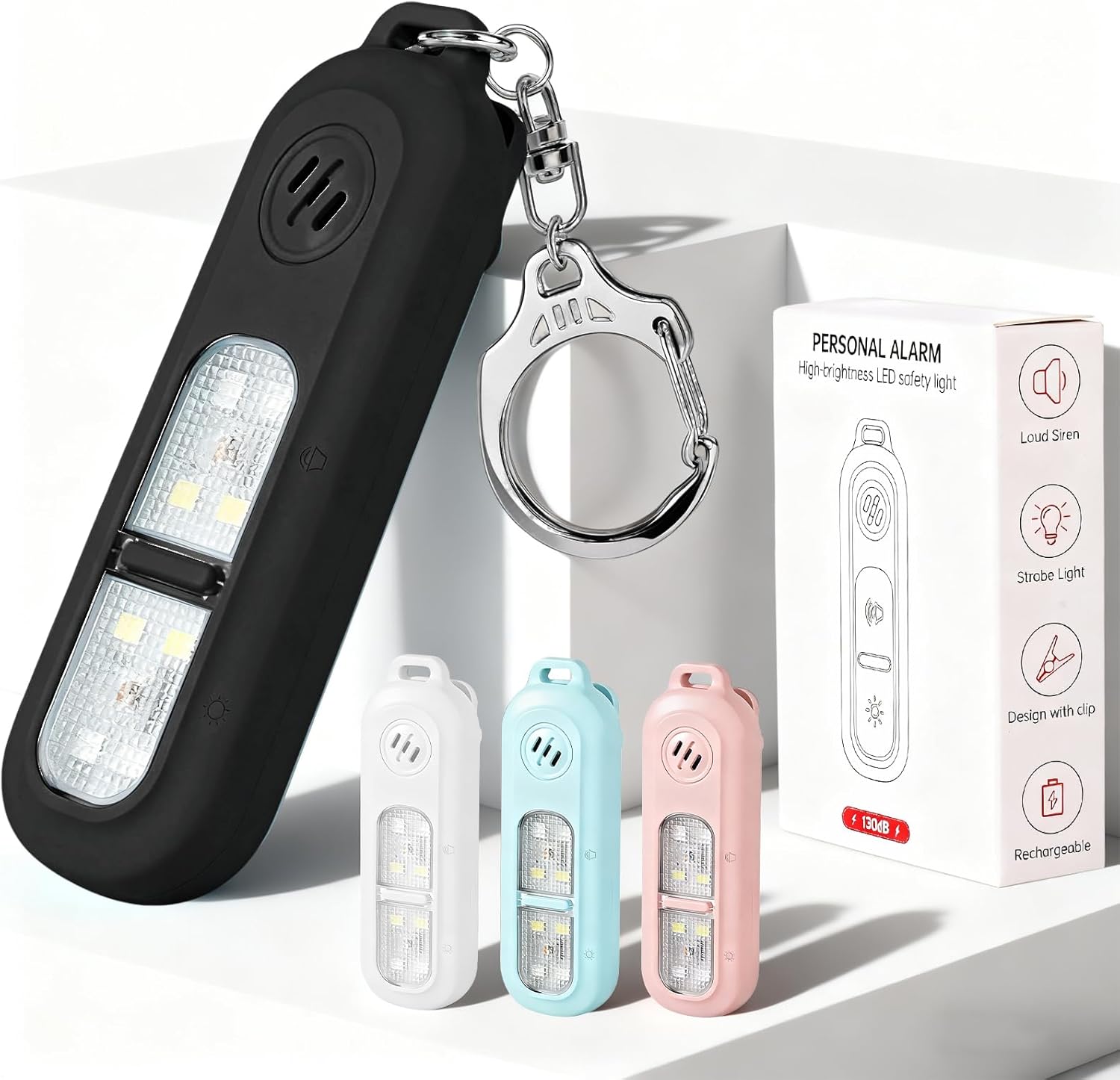 Rechargeable Personal Safety Alarm for Women,130DB Self Defense Keychain Alarms with Strobe Light & LED Flashlight, Bear Alarm Deterrent, Clip-On Emergency Safety Siren for Night Runners Kid, Black