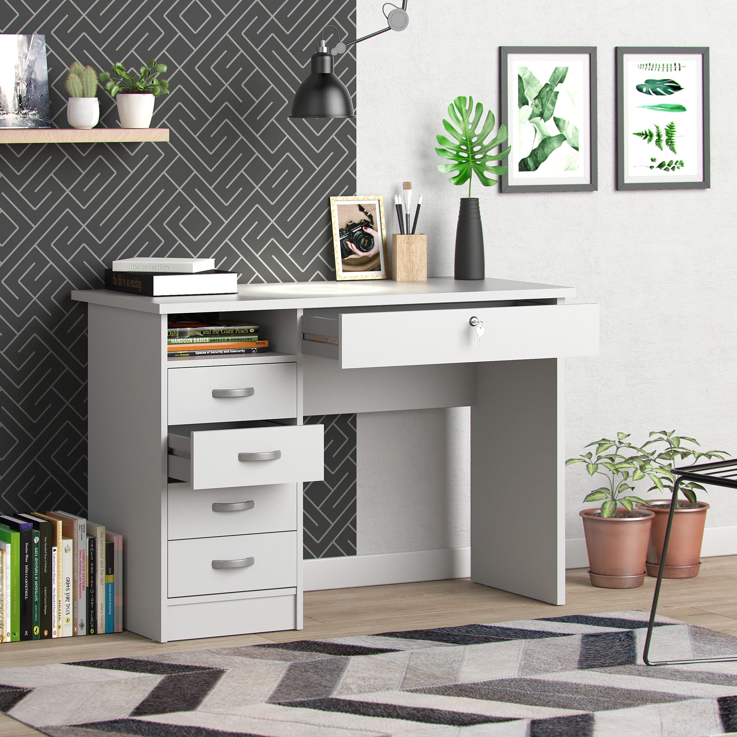 Walden 5 Drawer Office Desk with 1 Locking Drawer for Adults, White(White) - Image 8