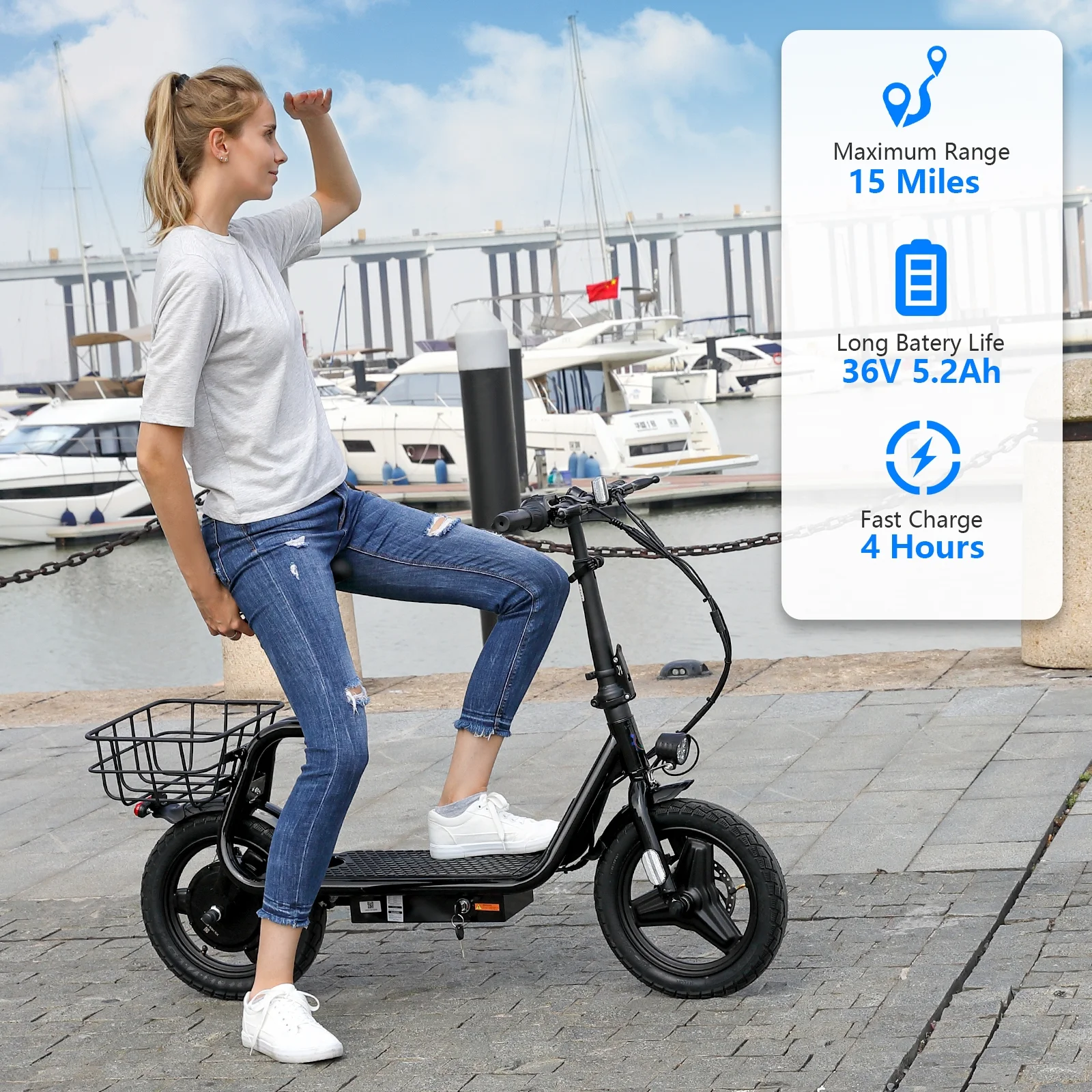 SANOPY 350W Electric Scooter with Seat for Adults, 15 Miles Range 20 Mph, 36V 5.2ah Battery Moped, 14
