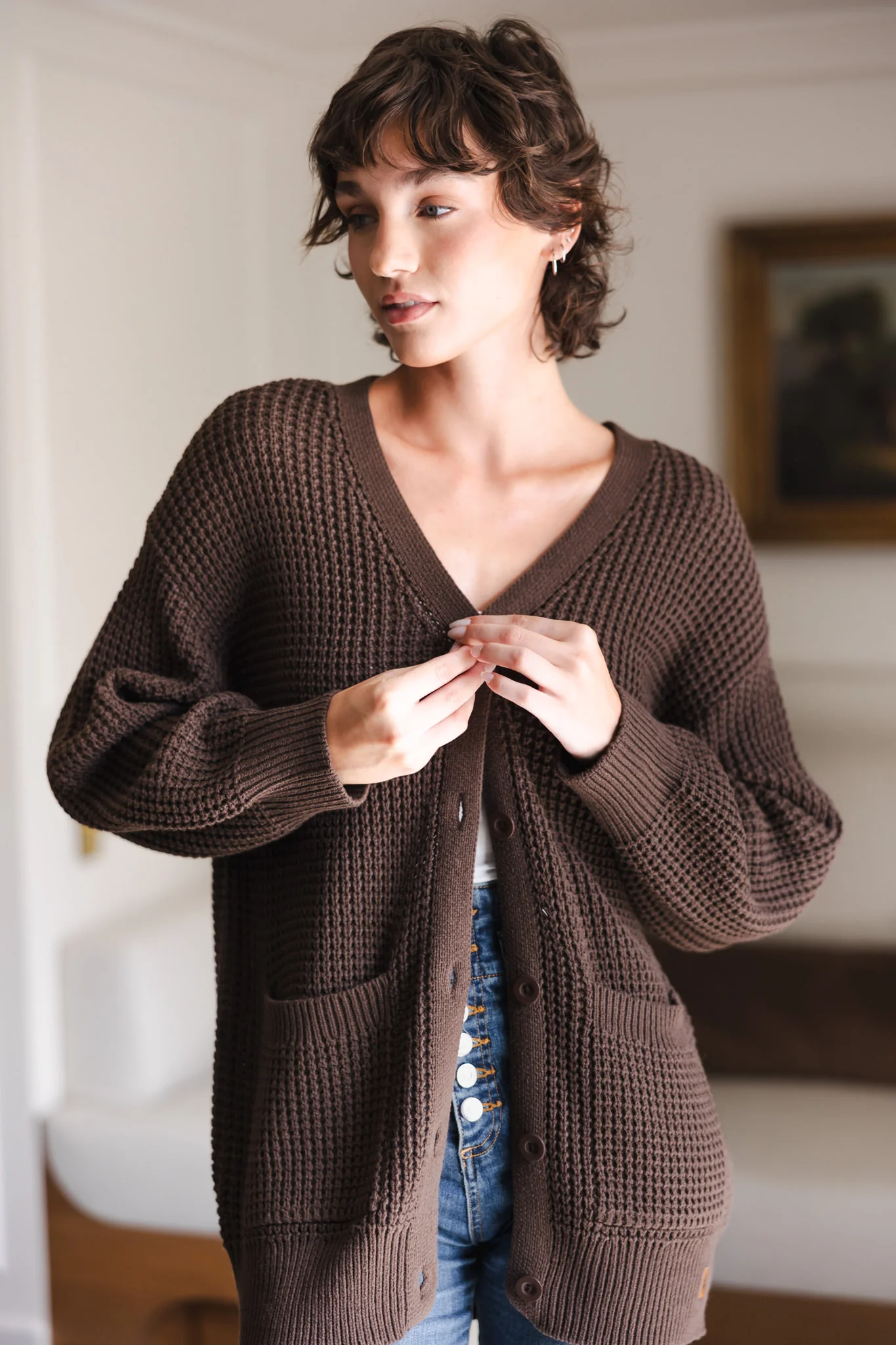 Chunky Knit Women's Waffle Cardigan in Espresso