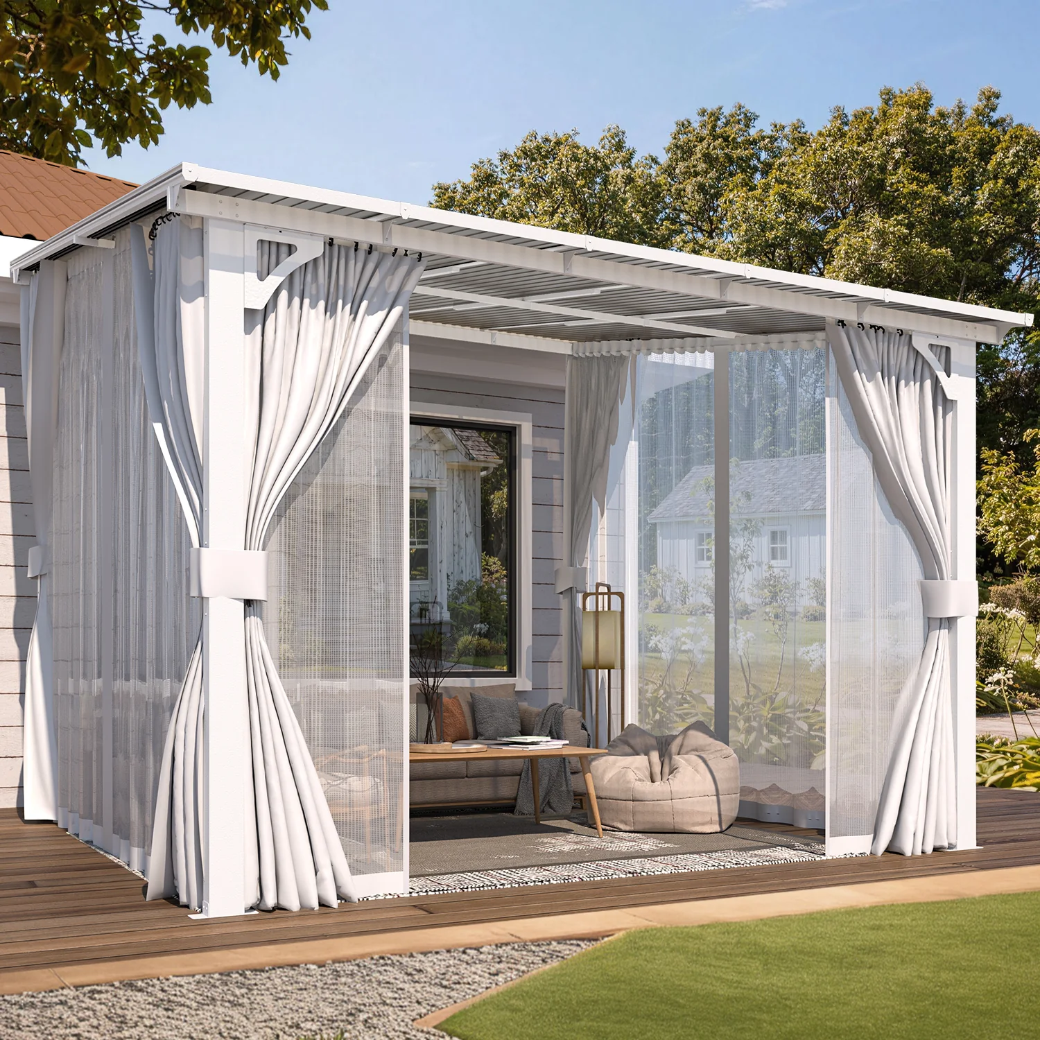 AECOJOY 10'x10' Wall Gazebo with Curtains and Mosquito Netting, White