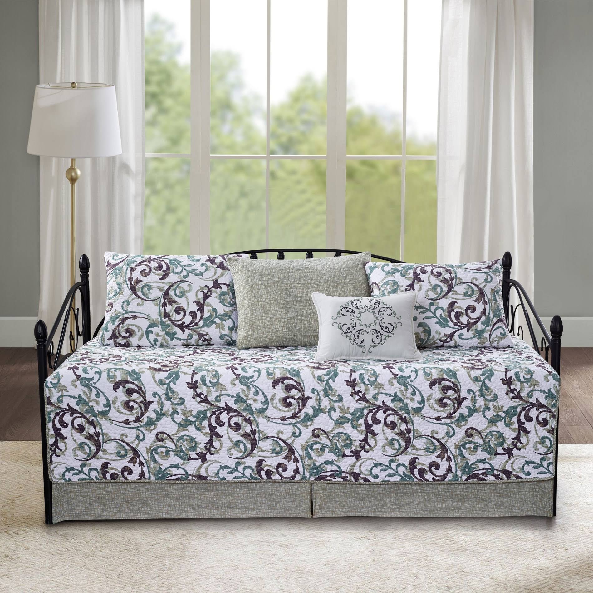 Home Soft Things 6 Piece Daybed Bedspread Set - Ravello Scroll - Teal - 75 inch x 39 inch, White