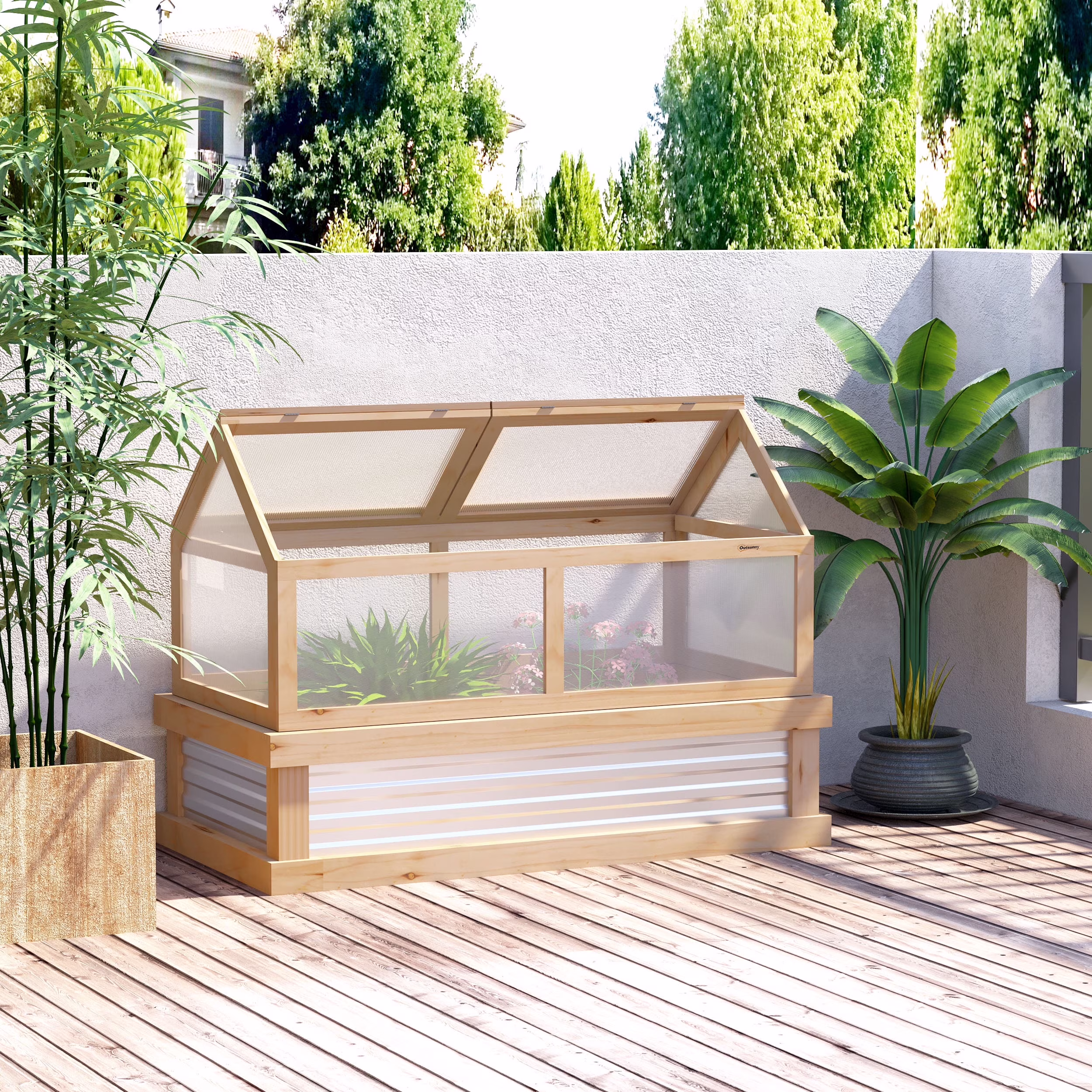 Outsunny Raised Garden Bed with Polycarbonate Greenhouse, Wooden Garden Cold Frame Greenhouse, Flower Planter Protection, 48 x 24 x 32, Natural