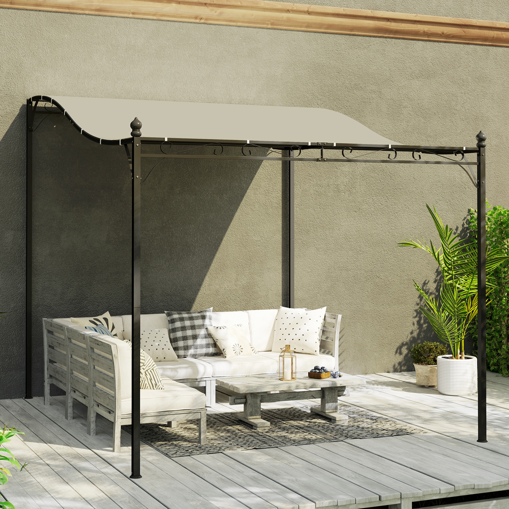 Outsunny 2,5 x 3 m Pergola, Wandgemonteerde Tuinpaviljoen, waterbestendig, Metalen frame, Afvoergaten, Schaduwdak, Crèmewit