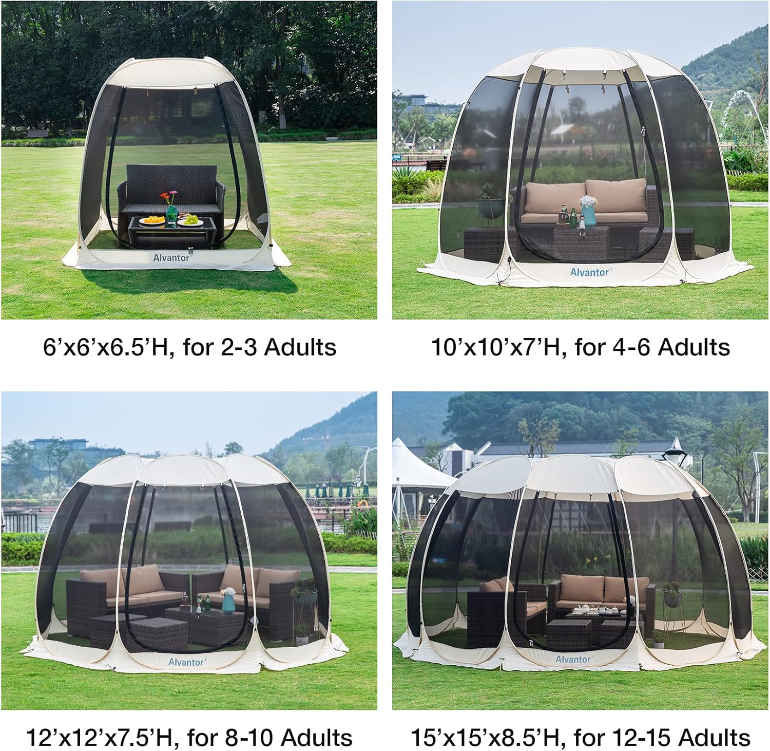 Gazebo moustiquaire pouvant accueillir 6, 10 ou 15 personnes. Tente de style igloo avec moustiquaire latérale. Idéal