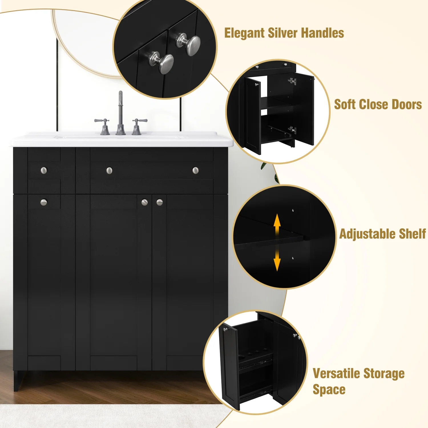 30" Bathroom Vanity with Sink Combo Wall Mounted Storage Cabinet Set with Soft Close Drawers, Modern Design with Invisible Handle, Resin Basin Sink Top, Gray - Image 3
