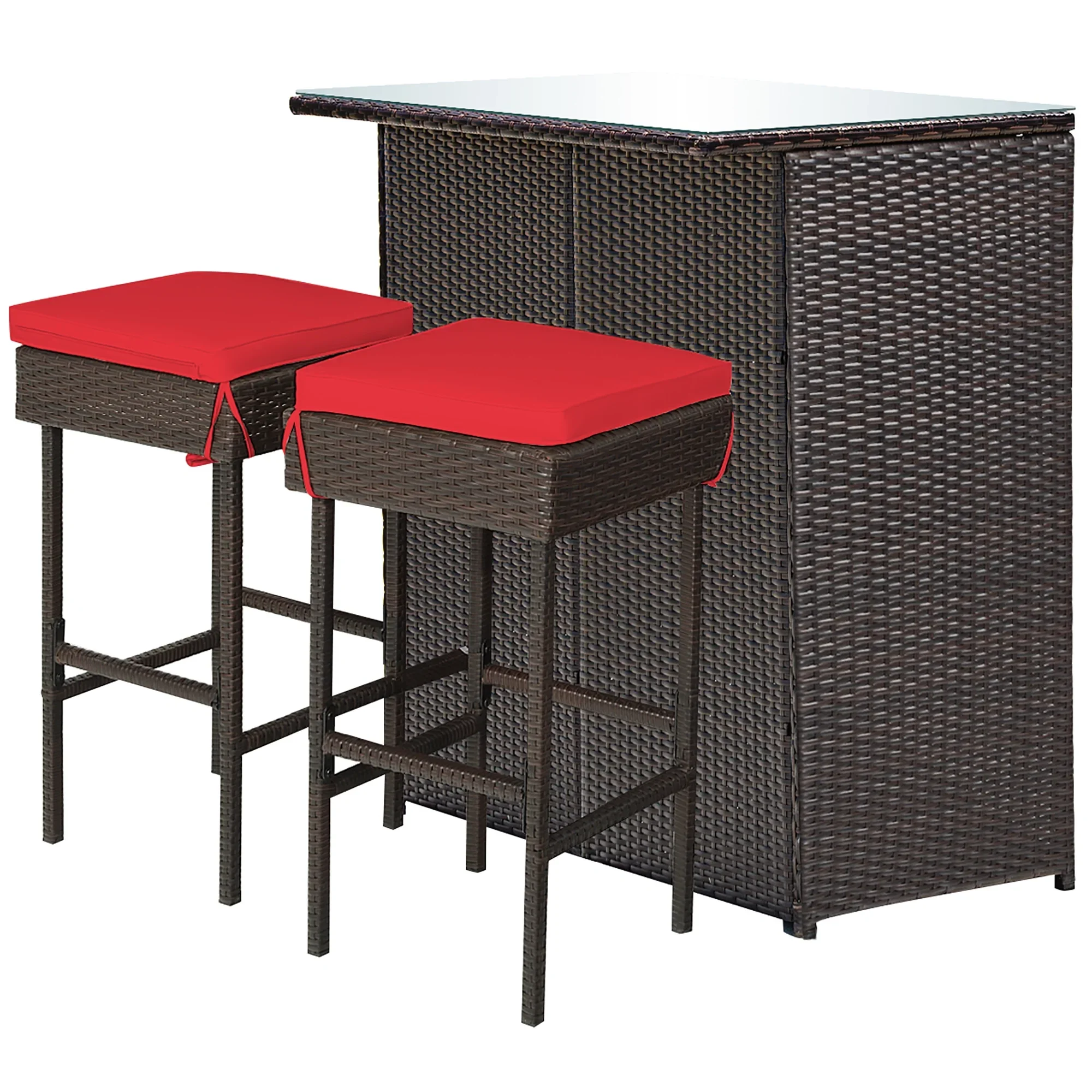 Costway 3PCS Patio Rattan Wicker Bar Table Stools Dining Set Cushioned Chairs Garden