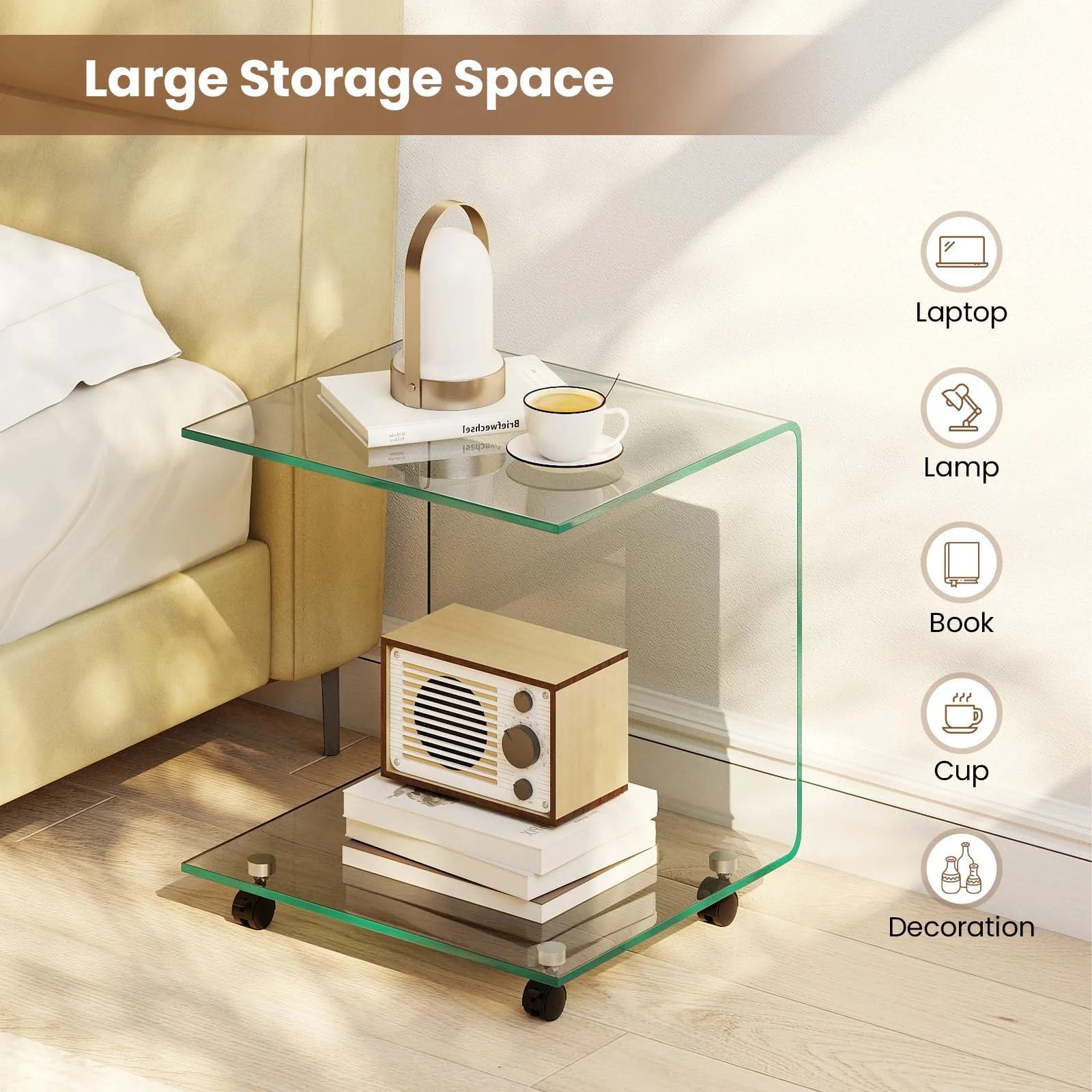 Tangkula Modern C-Shaped Tempered Glass Side Table