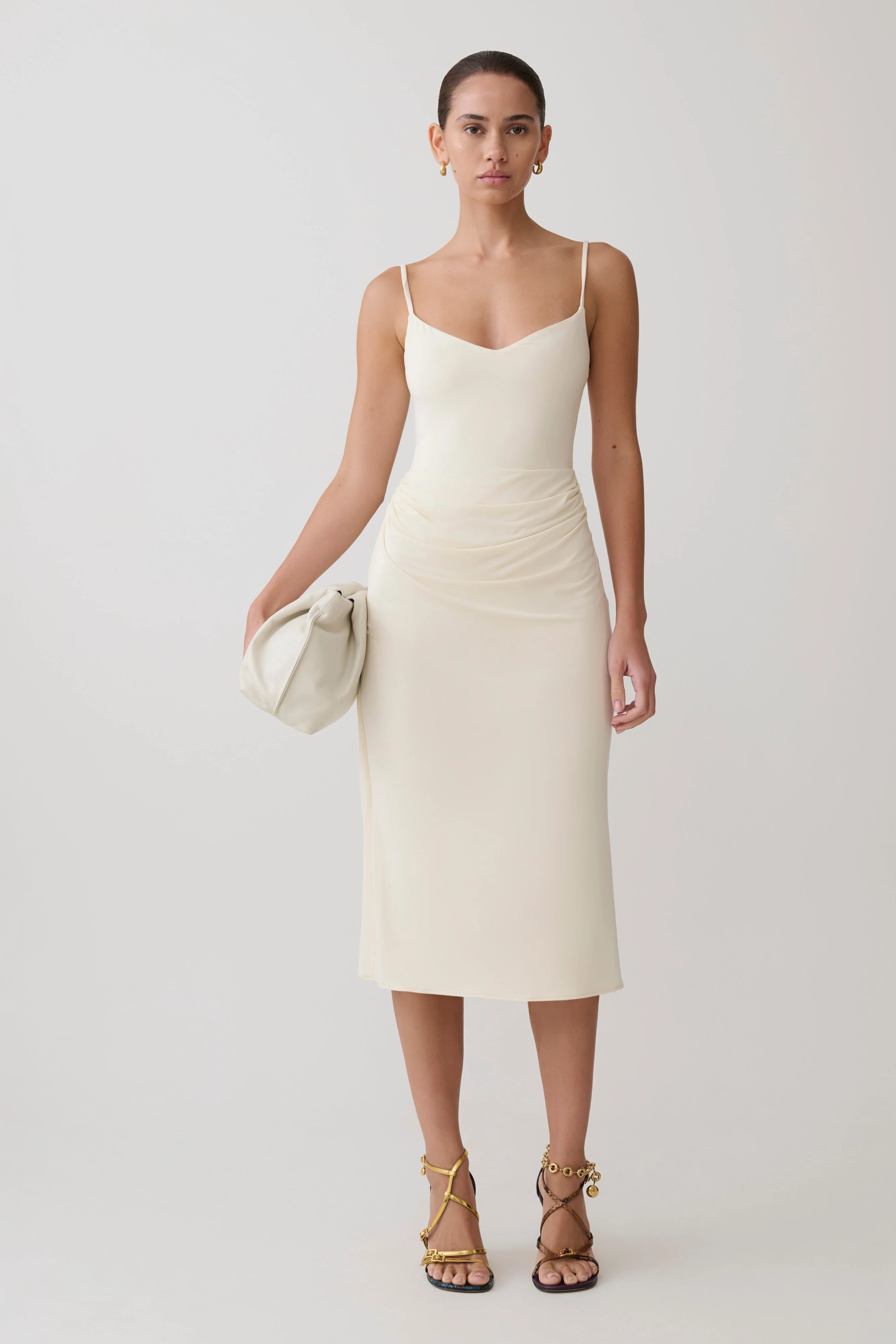 Vina Gathered Jersey Midi Dress - Ivory