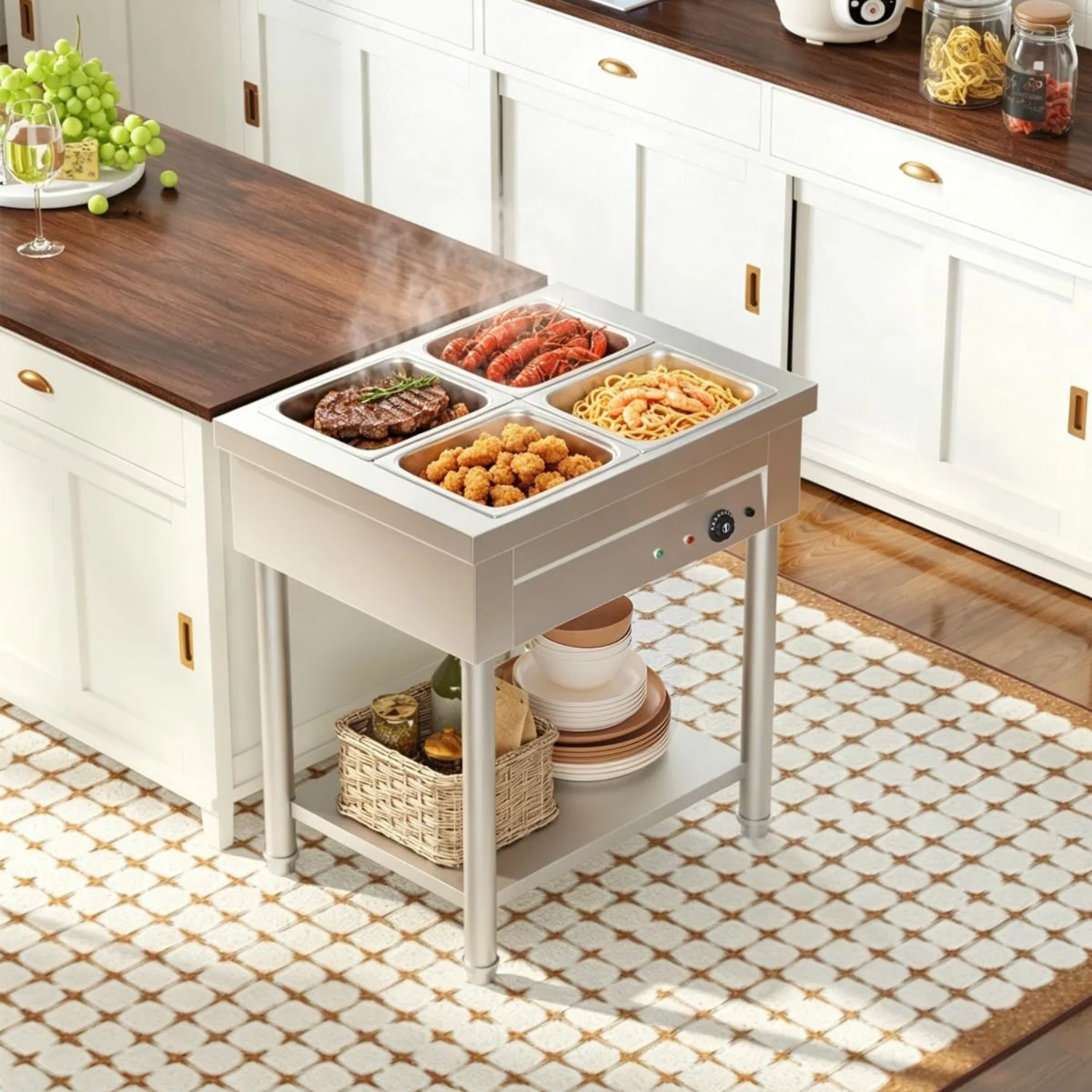 AECOJOY Commercial Food Warmer 1500W Electric Steam Table with 4x10QT Pans & Shelf