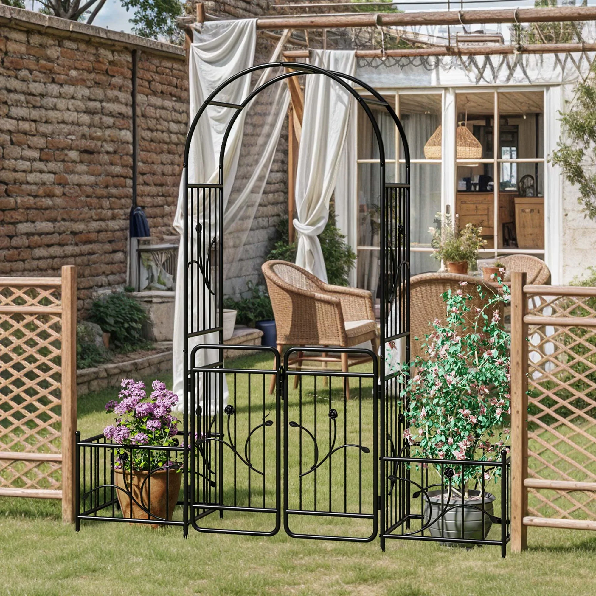 Uforic 87 Metal Garden Arbor Arch with Gate and Planter Boxes, Garden Trellis for Climbing Plants, Patio Wedding Party Lawn Arches Decoration, Black