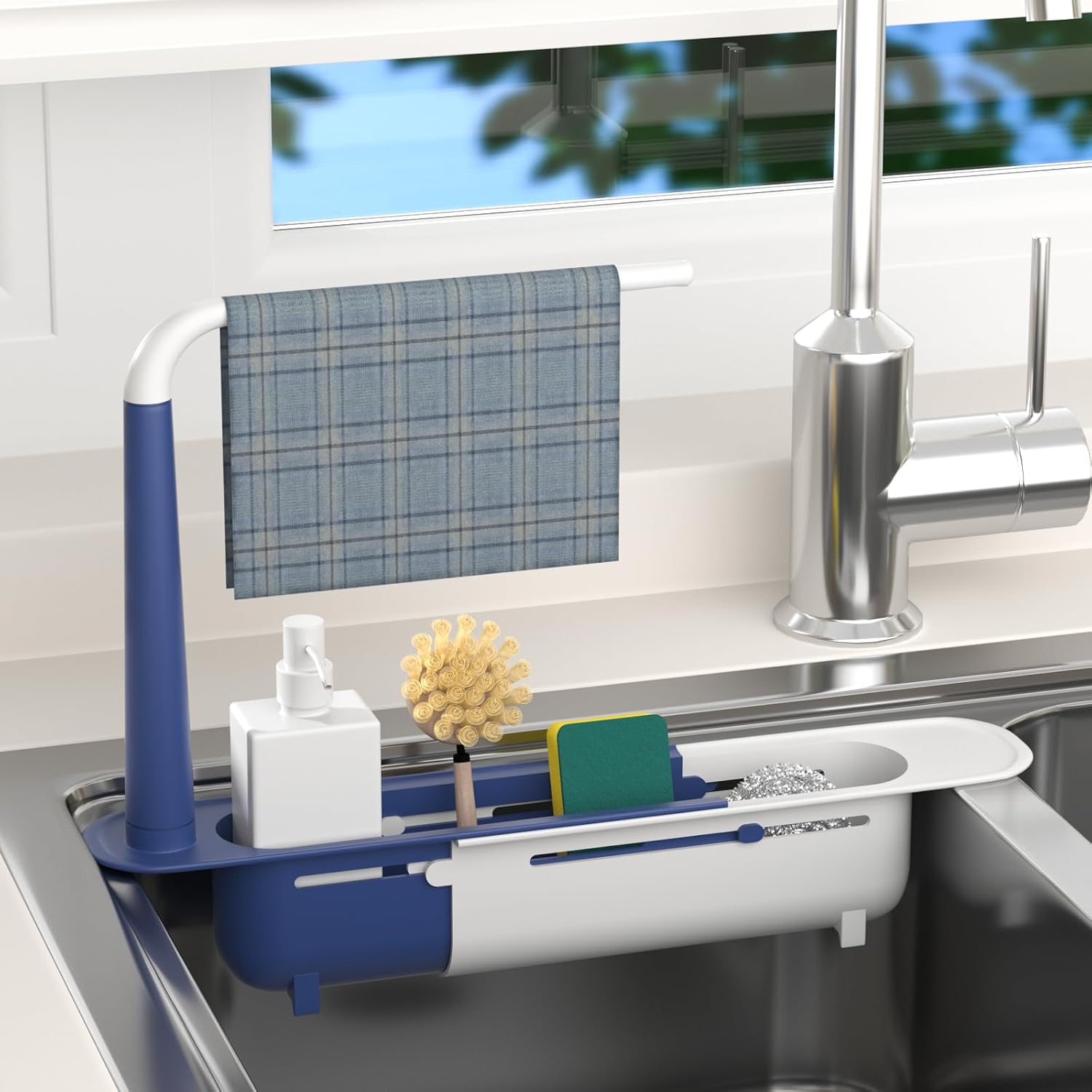 Telescopic Sink Storage Rack with 2 Sponges - Sink Caddy Sponge Holder for kitchen sink(Blue)