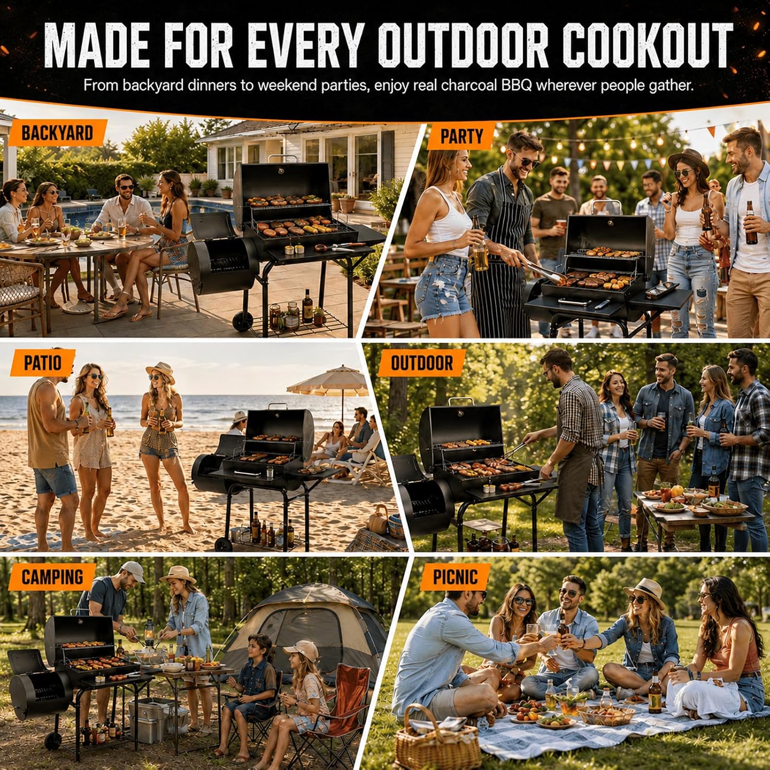 Realcook Charcoal Grill with Offset Smoker: Spacious Barrel Charcoal Grills