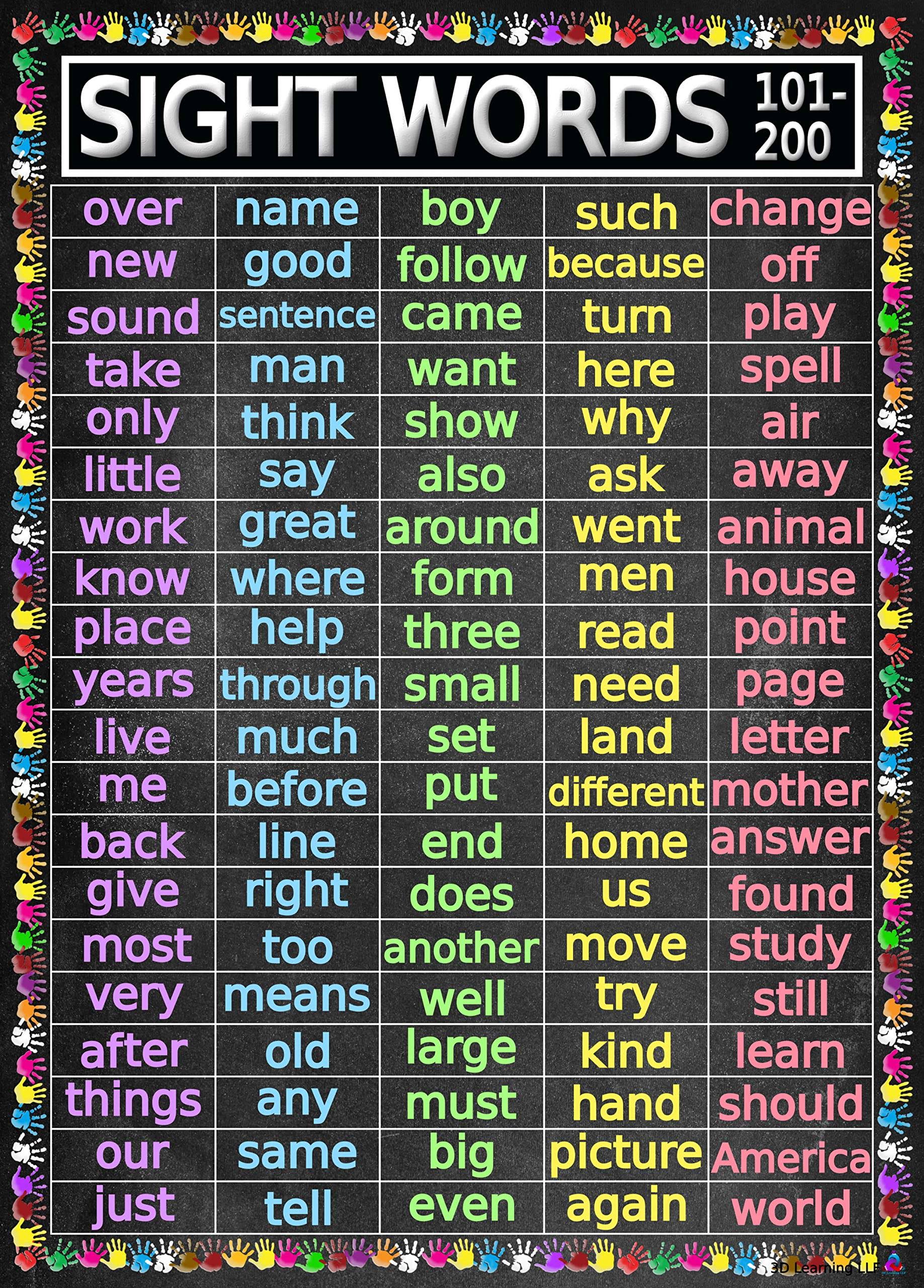 Advanced Sight Words Poster 101-200 for Second Grade - Laminated 14x19.5 - Educational Charts, Classroom Posters and Decorations, Back to School