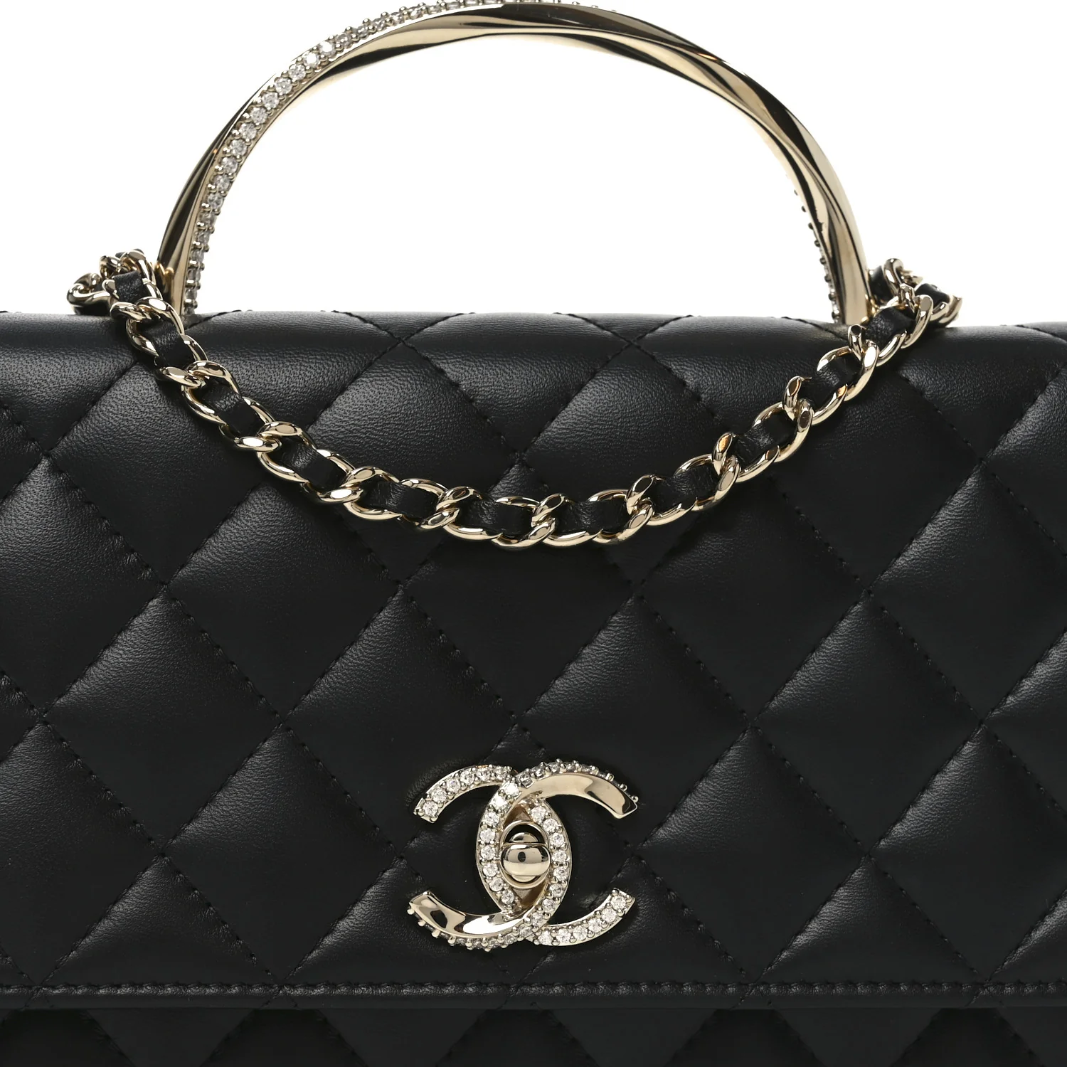 Lambskin Quilted Crystal Handle Wallet On Chain WOC Black