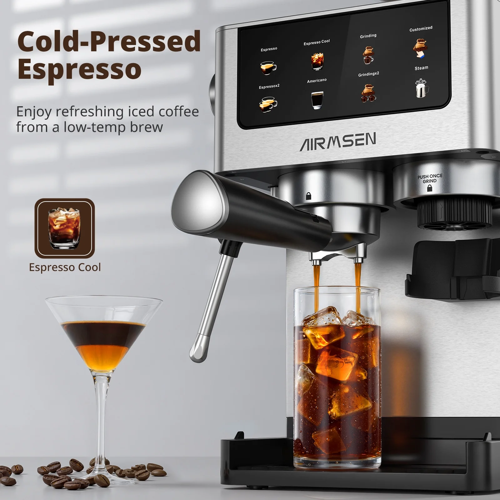 Espresso Machine with Grinder, Espresso Coffee Machine with Customized Grind Amount Coffee Volume, Cold Brew Coffee Maker for Cappuccino Latte Americano, Brushed Stainless Steel - Image 3