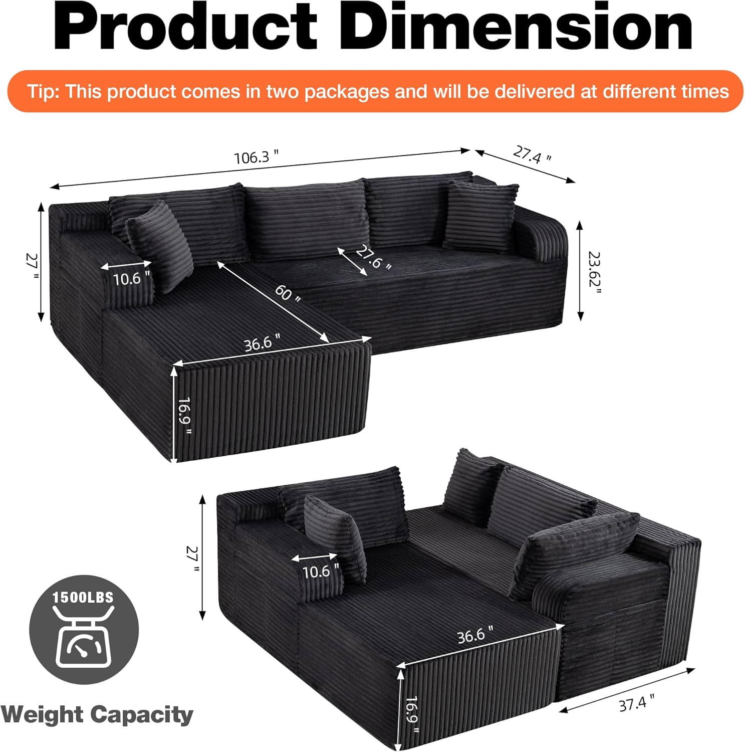 106” Cloud Modular Sectional Sofa with L-Shape Chaise and Deep Seat, Corduroy Memory Foam Boneless Compressed Couch for Living Room, No Assembly Required(Left Facing Chaise, Dark Grey)