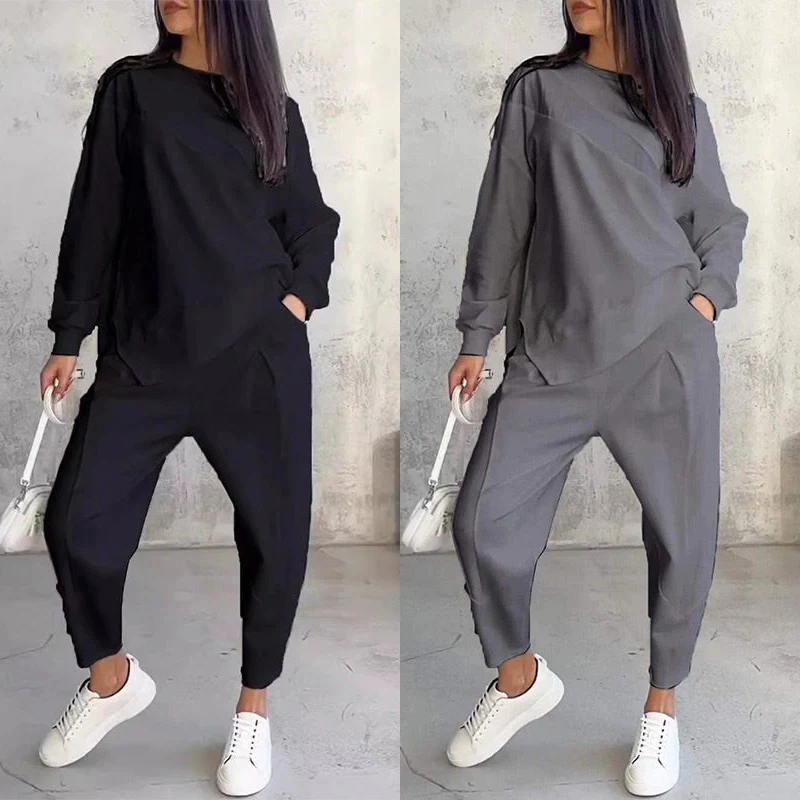 💕Conjunto de sudadera de manga larga con bajo irregular y pantalones para mujer