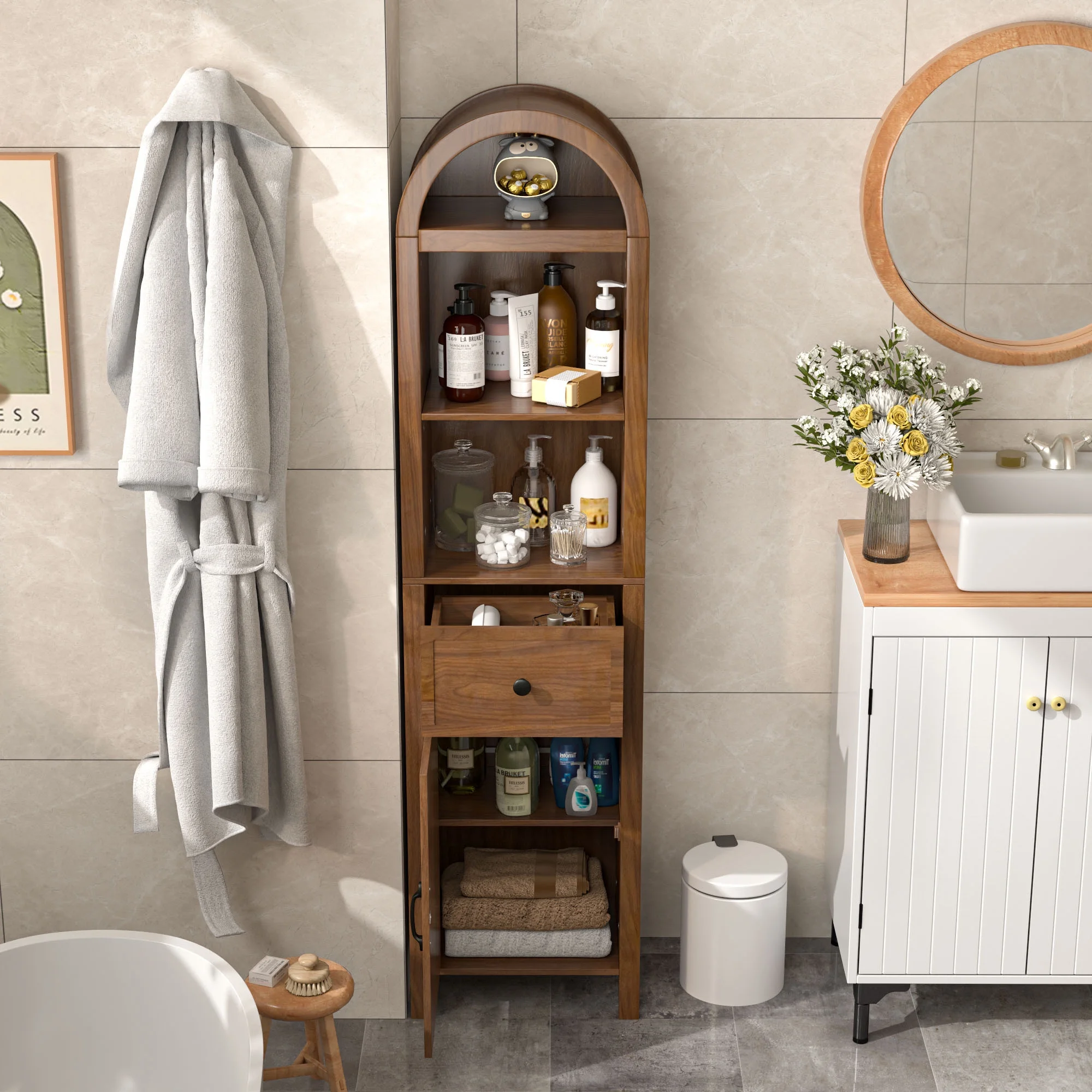 Tall Bathroom Storage Cabinets with Doors and Shelves, Narrow Tall Linen Cabinet with Drawer(Walnut) - Image 7