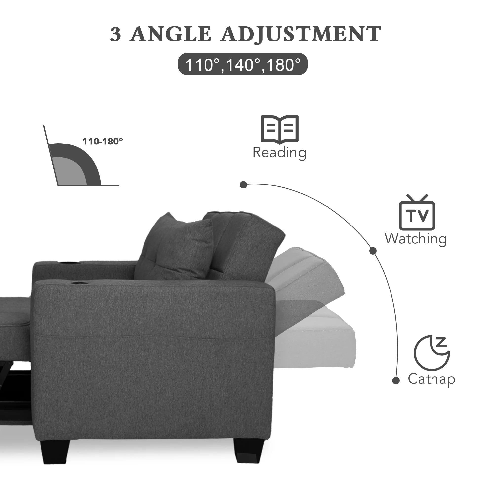 DURASPACE 3 in 1 Convertible Sleeper Chair Bed with Usb Port, Linen Pull Out Chair Indoor, Dark Gray(Faux Leather/Black Faux Leather) Image 3