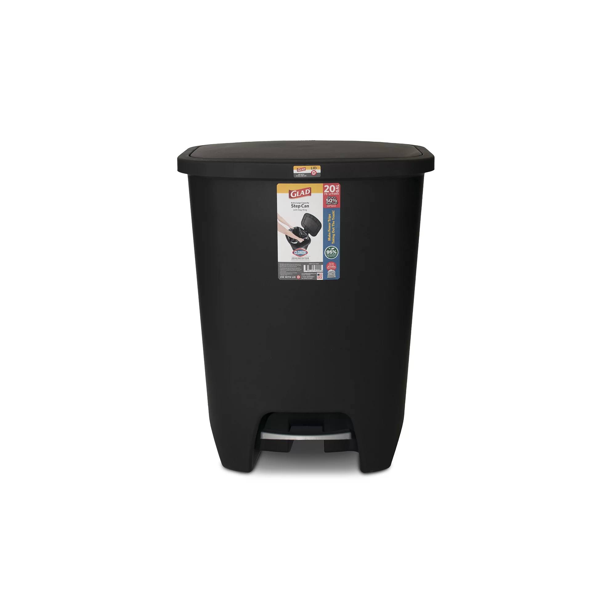 Glad 20 Gal Plastic Step Kitchen Trash Can, Black