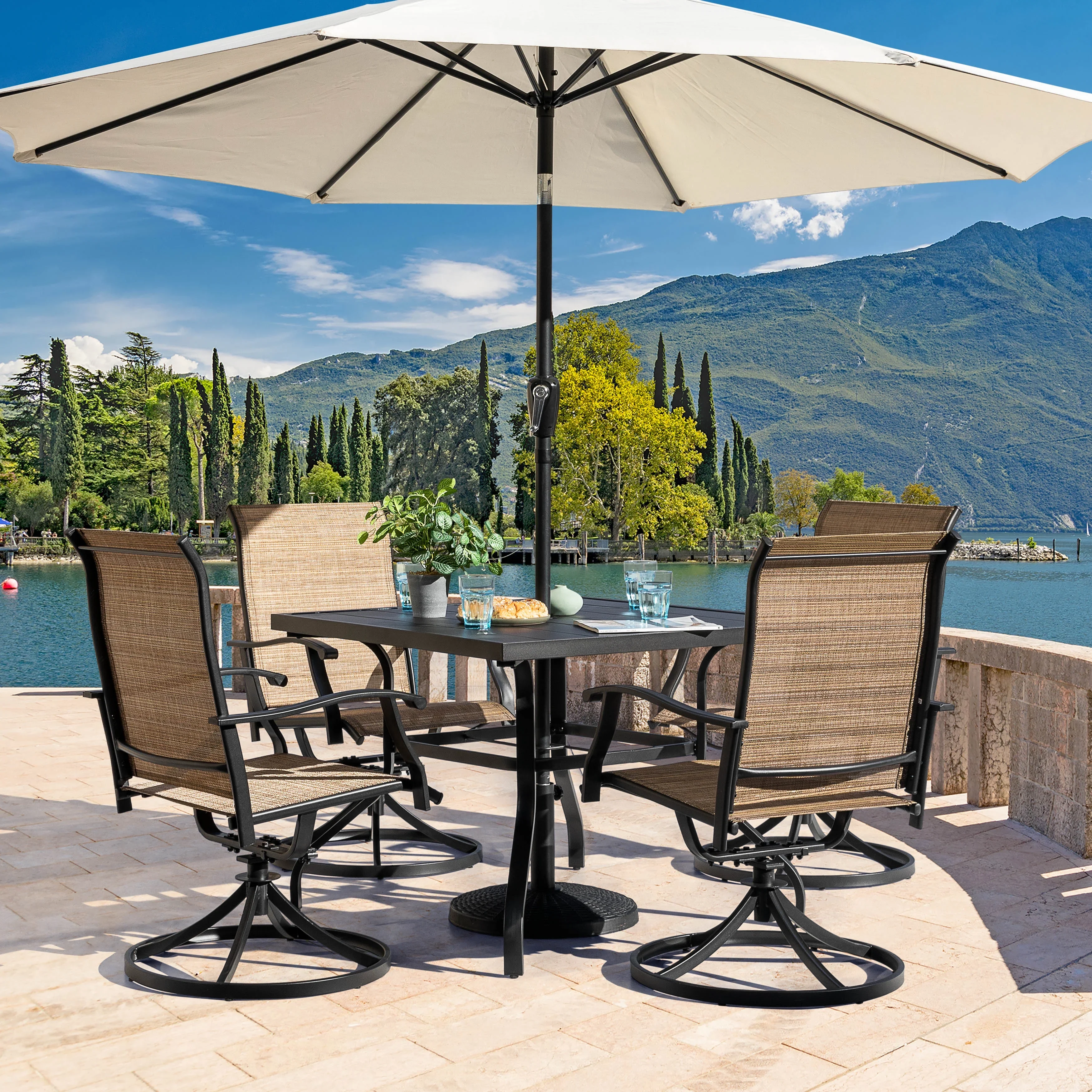 Nuu Garden 5 Piece Outdoor Patio Dining Set, Metal Patio Furniture Set 4 Textilene Swivel Chairs and 37 Square Iron Umbrella Dining Table,Black and Brown