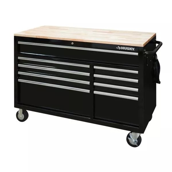 Établi mobile avec coffre à outils profond à 9 tiroirs, 132 cm de large, finition noir brillant et plateau en bois massif