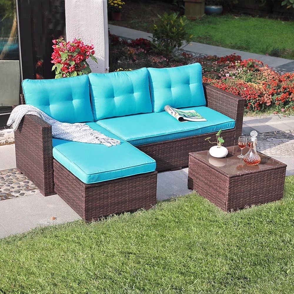 3 Pieces Patio Conversation Set, PE Wicker Rattan Outdoor Furniture Set, 2 Ways Small Sectional Sofa, Tempered Glass Coffee Table, Silver-Gray(Silver-Gray) - Image 9