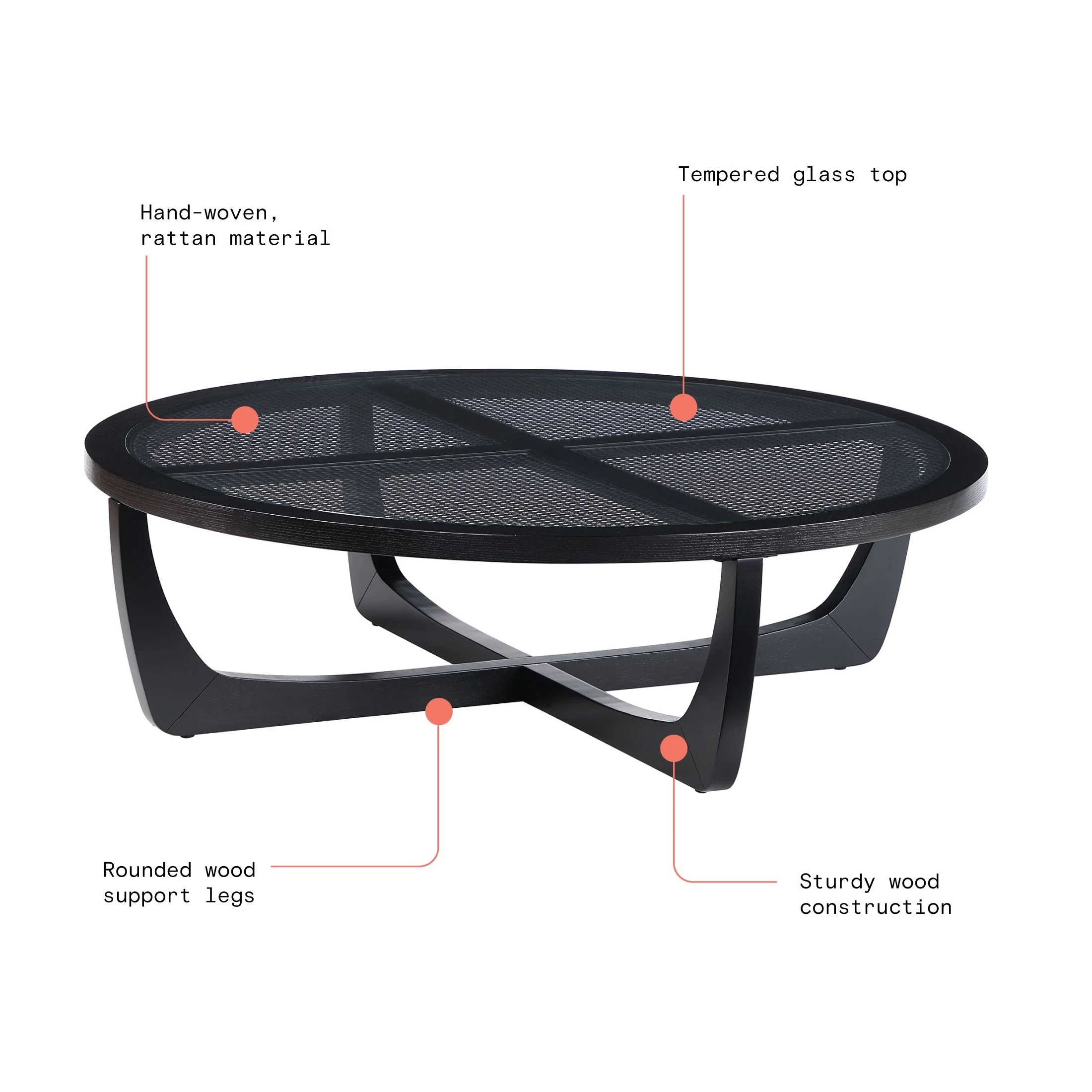 Round Rattan and Glass Top Coffee Table, Black(Black) - Image 2