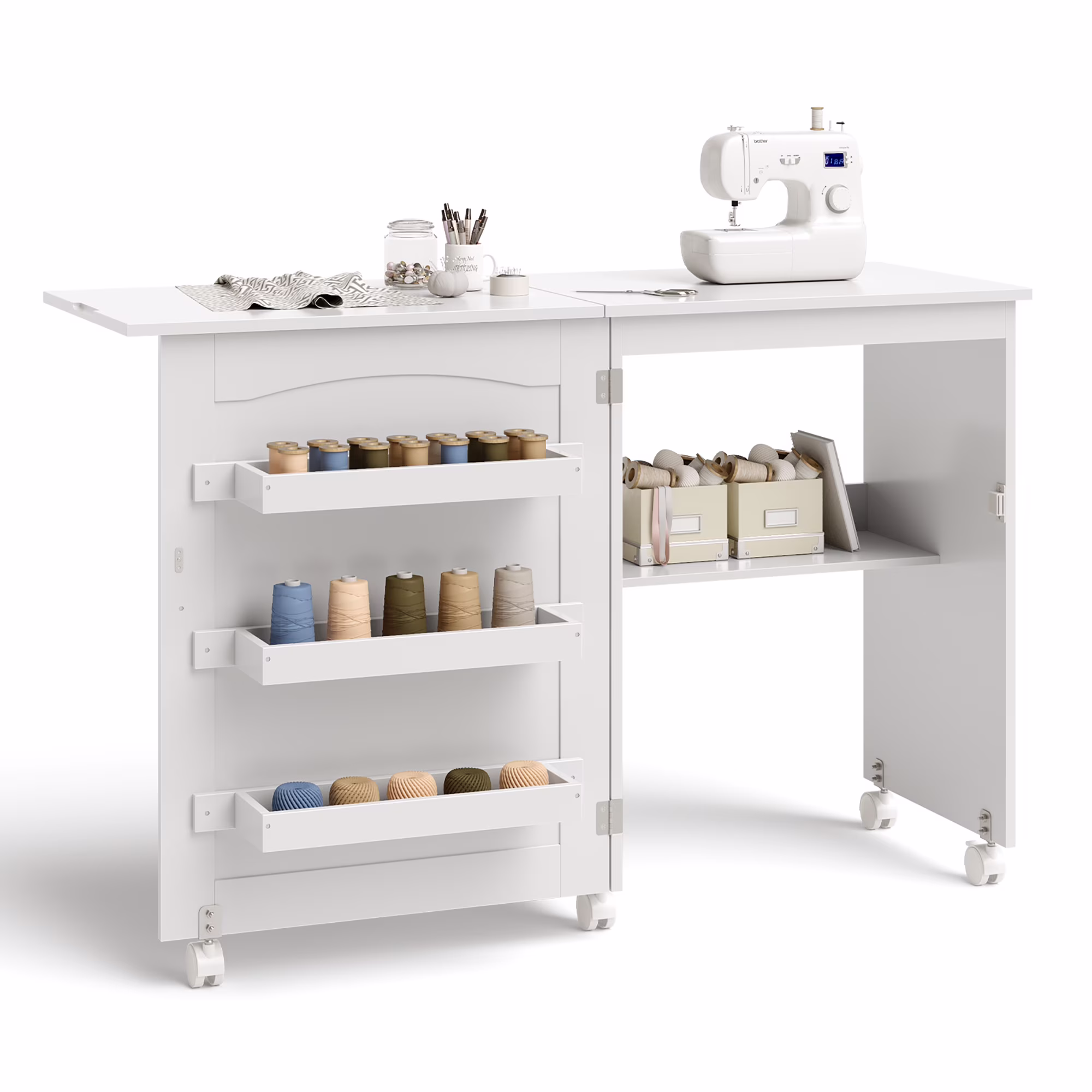 Folding Sewing Table Rolling Craft Station with 3 Storage Bins Charging Station White+natural(White+Natural) - Image 3